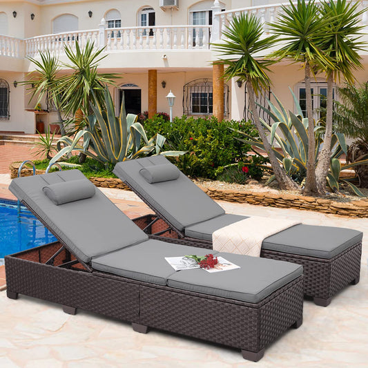 Outdoor PE Wicker Chaise Lounge Set, Patio Lounge Chairs, Outside Pool Lounger Furniture Set of 2, Brown Rattan Recliners with Adjustable Backrest, and Grey Cushions