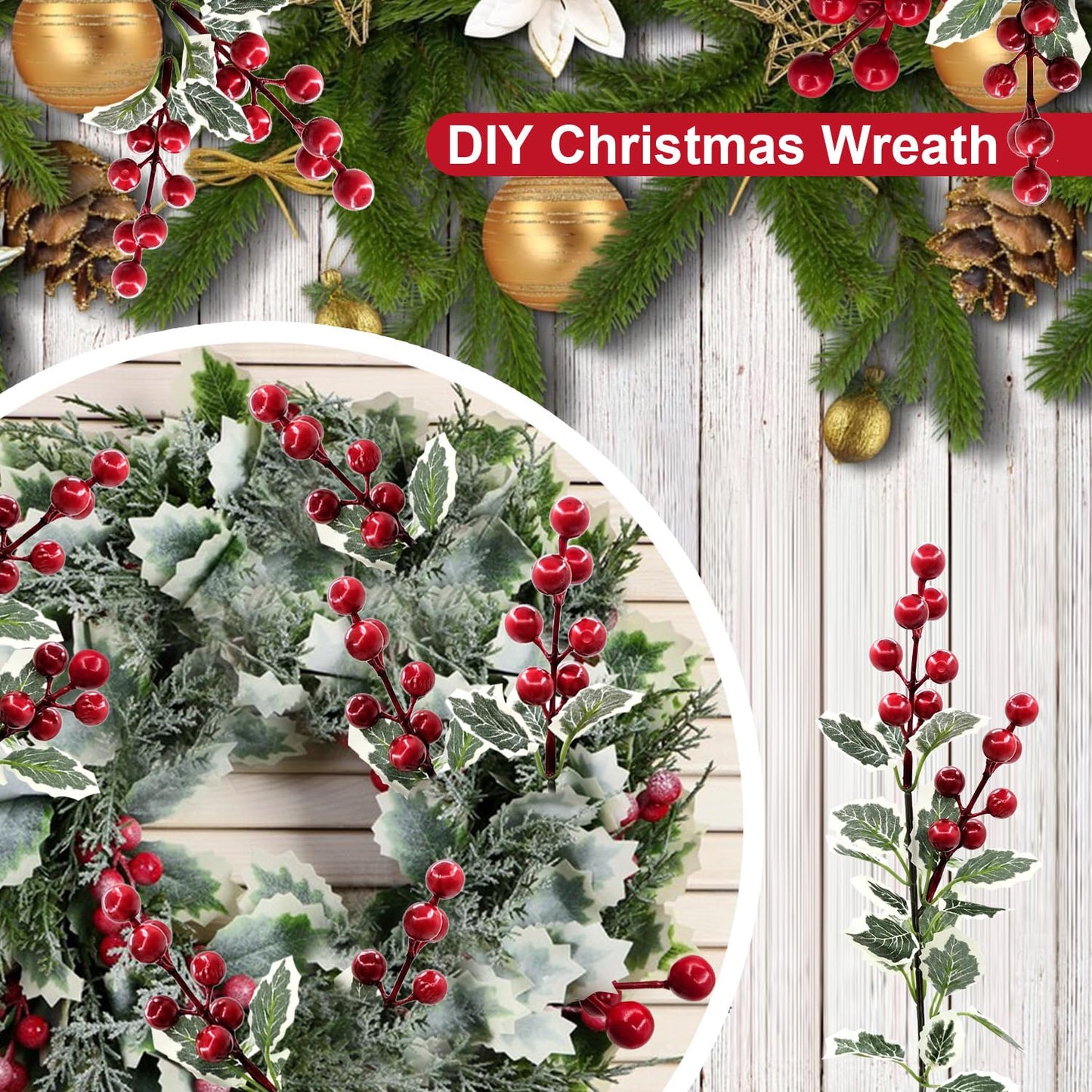 Guagb 10 PCS Christmas Flowers Artificial Berries Picks Decor, Holly Red Berry Stems, Christmas Tree Decoration Winter Fake Flowers Faux Bouquet Home Indoor Christmas Ornaments