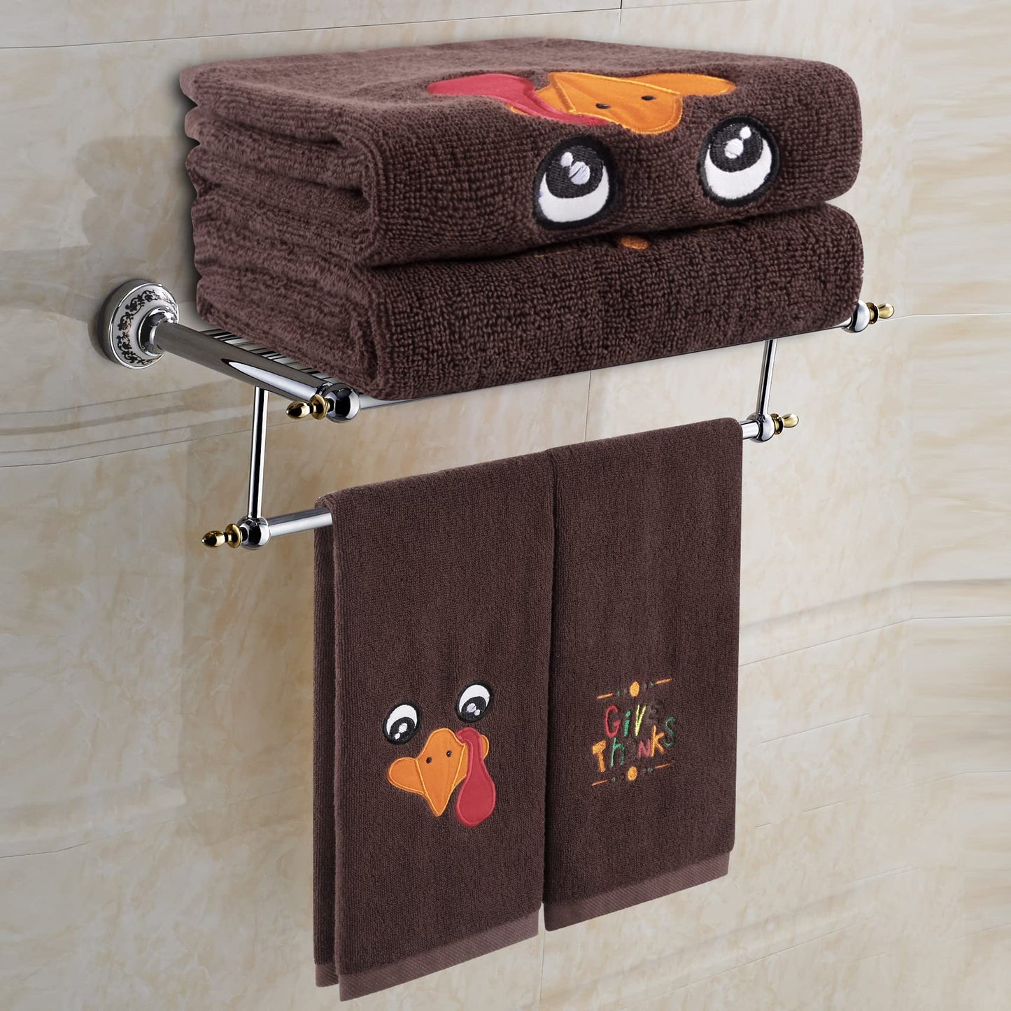 Quera 2 Pack Thanksgiving Hand Towels Turkey Embroidered Premium Luxury Decor Fall Bathroom Decorative Dish Set for Drying, Cleaning, Cooking, Autumn 13.7'' x 29.5'',Brown,Give Thanks.