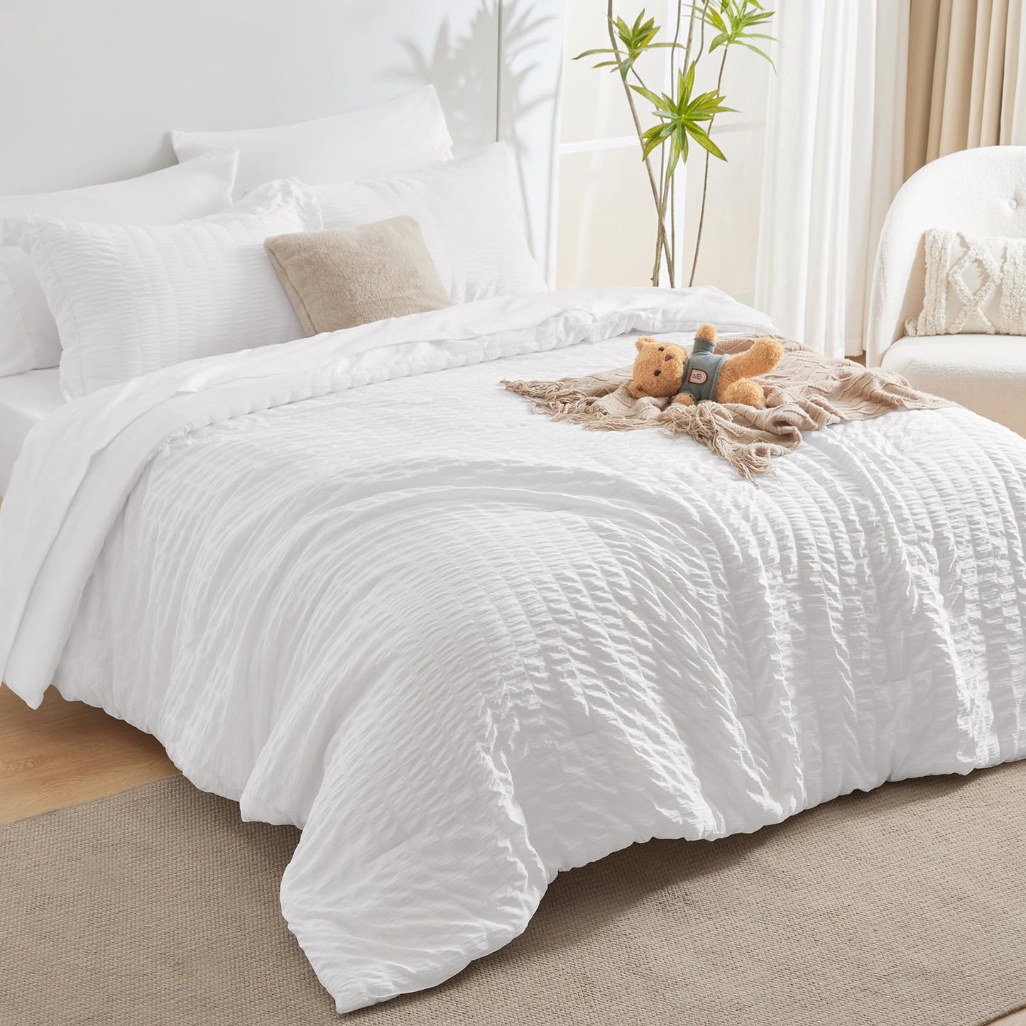 CozyLux Twin XL Seersucker Comforter Set with Sheets White 5-Pieces Twin Extra Long Bed in a Bag for College Dorm All Season Bedding Sets