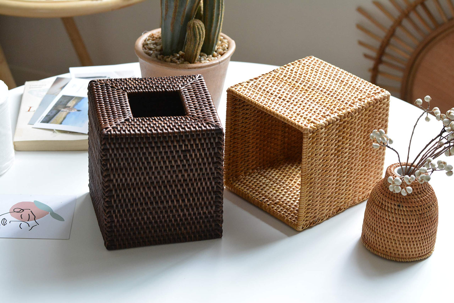 Rattan Tissue Box Cover Square, Hand Woven Wicker Tissue Holder, 5.5 x 5.5 X 5.7 inch, Natural