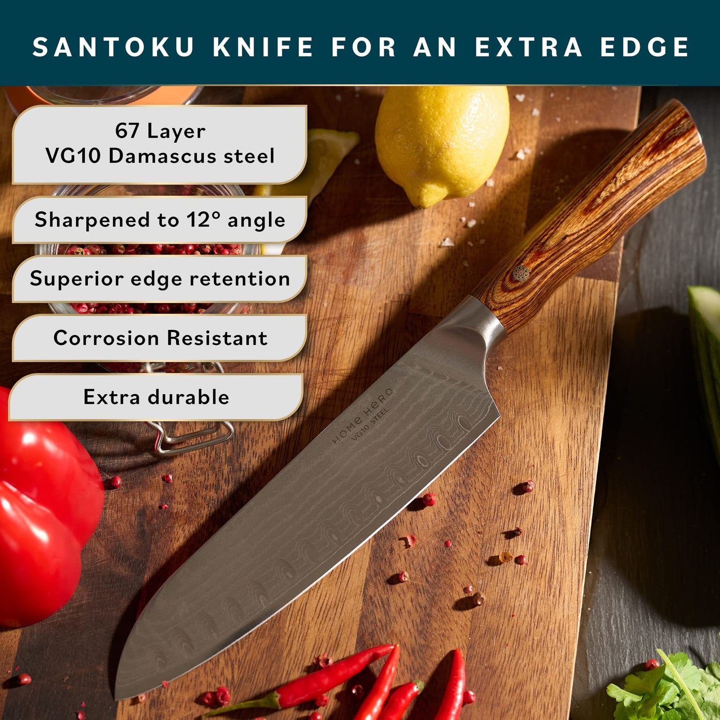 Home Hero Japanese Santoku Knife Collection - VG10 Damascus Steel Rivet Ultra Sharp 67 Layers Kitchen Knife with Ergonomic Rosewood Handle - Unique Gift for Men & Women (7 Inch)