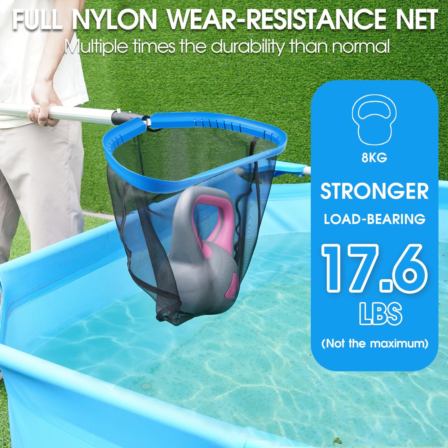 Upgraded Self-Repair Pool Net, Pool & Pond Cleaning Skimmer with Heavy Duty Nylon Net - Fine Mesh, Aluminum Frame, Deep Trash Bag for Above Ground & In-ground Pools, Leaf Skimmer Rake Net(No Pole)