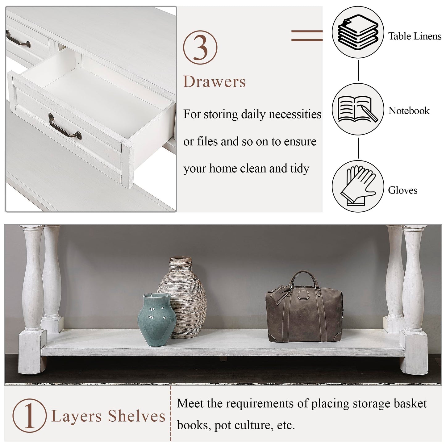 LKTART Solid Wood Console Table Sofa Table Entryway Table with 3 Drawers and 1 Bottom Shelf for Storage Entry Hallway Foyer Sofa (63" Antique White)