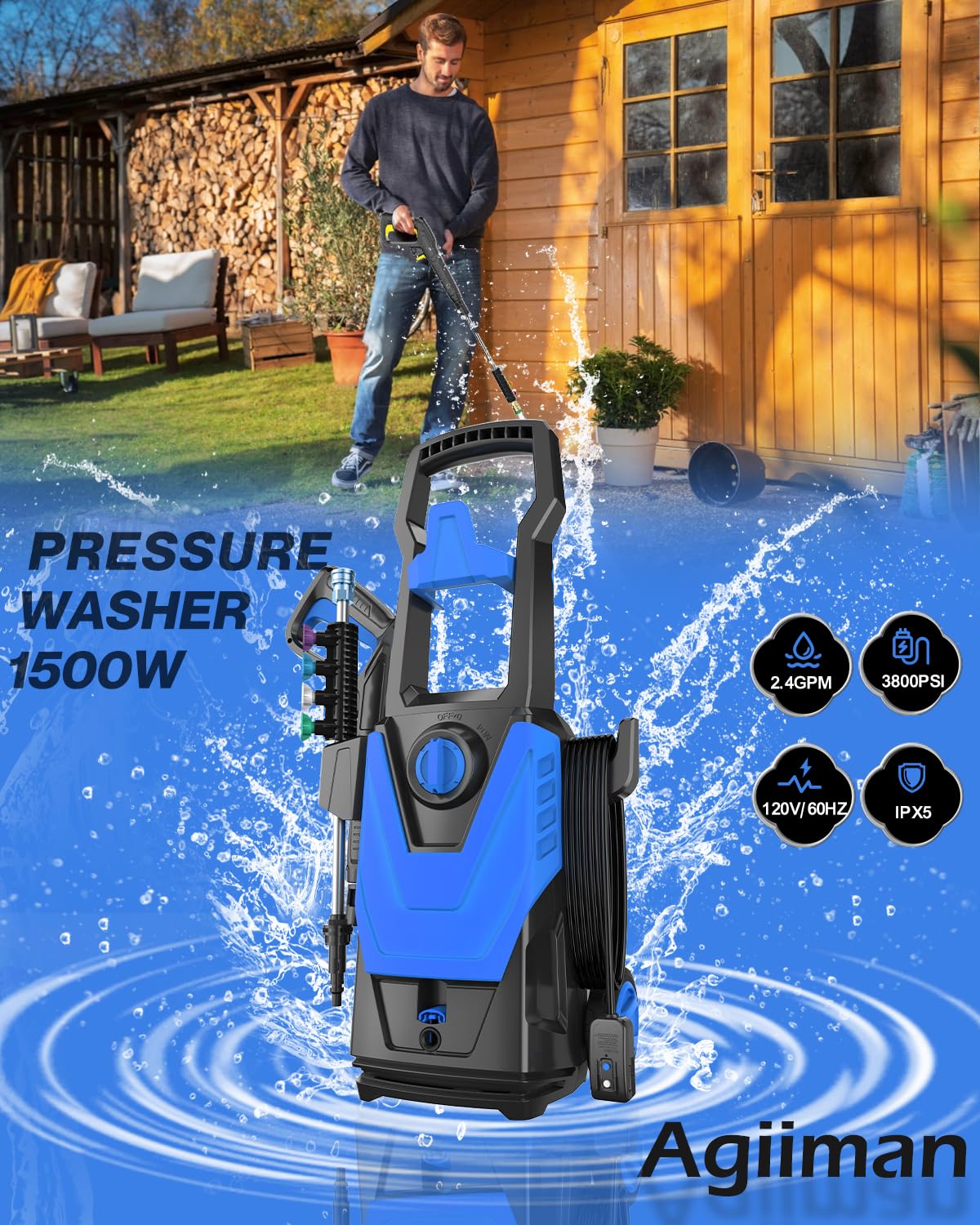 AgiiMan Electric Pressure Washer, 4200PSI Max 2.8 GPM Power Washer Electric Powered with 20FT Hose, 4 Nozzles, Foam Cannon, High Pressure Cleaner Machine for Cars,Patios,Furniture,Driveways, Blue