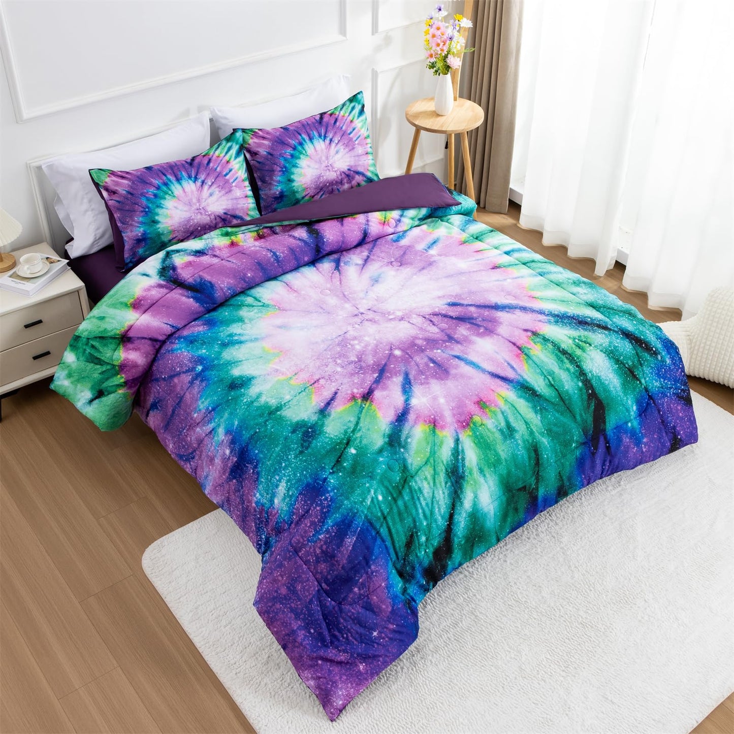 A Nice Night Bedding Tie Dye Galaxy Comforter Set, Psychedelic Swirl Pattern Colorful Boho, for Boys Girls Bedding Sets Purple, Twin