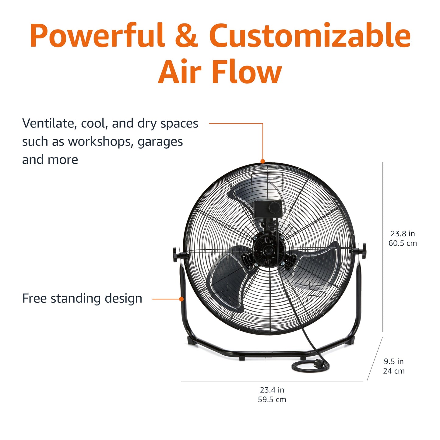 Amazon Basics 20" High-Velocity Heavy-Duty Industrial Floor Fan, 3 Speeds, Metal Construction and Aluminum Blades, Ideal for Industrial & Commercial Spaces, 125W, Black, 9.45"D x 23.43"W x 23.82"H