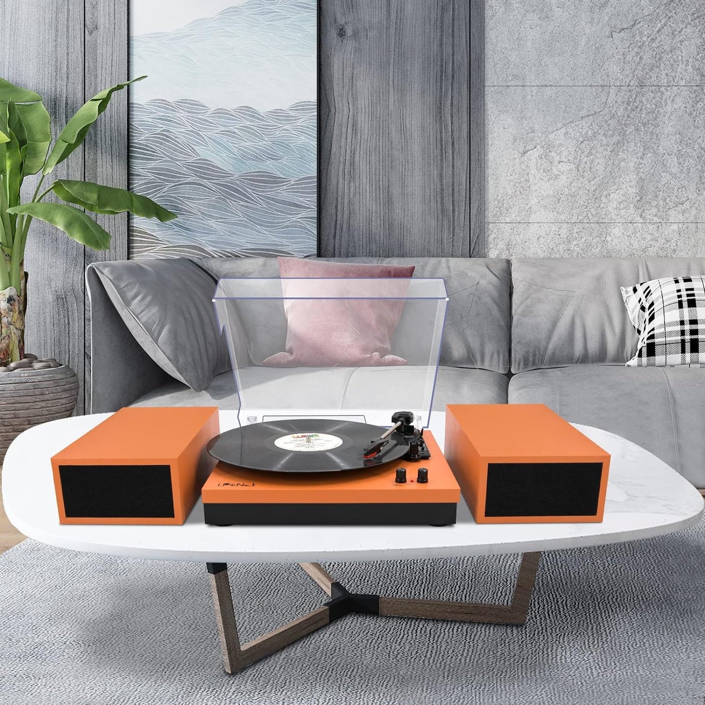 Vinyl Record Player, Vinyl Turntables with Dual Stereo Bookshelf External Speakers, Adjustable 3-Speed Belt-Drive Turntable, LP Player with RCA, Auto Stop,(Orange Leather Wrapped)