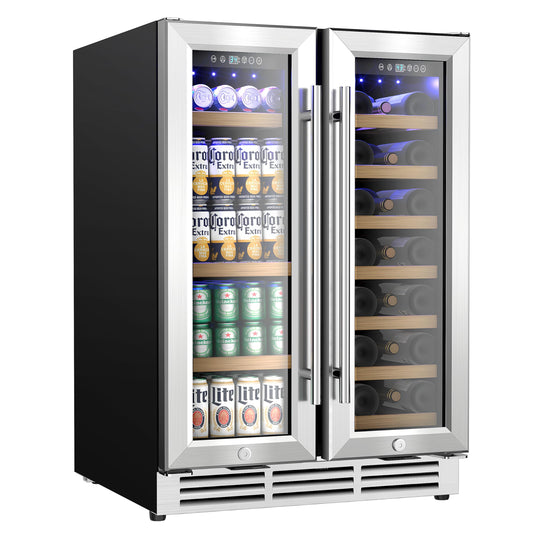 EUHOMY Wine and Beverage Refrigerator, 24 Inch Dual Zone Wine Cooler with Glass Door Hold 21 Bottles and 88 Cans, Built in or Freestanding Under Counter Wine Fridge with Blue LED Light.