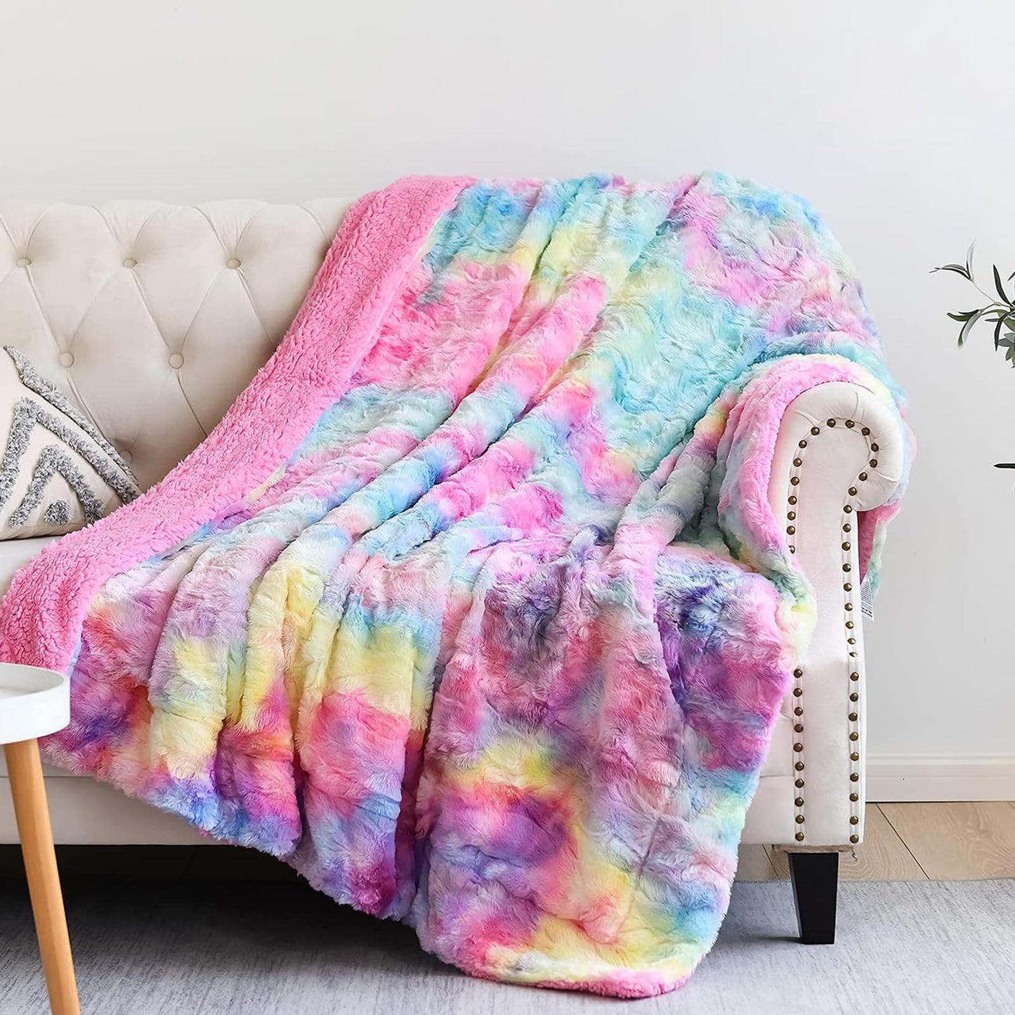 NEWCOSPLAY Super Soft Faux Fur Throw Blanket for Couch Dark Rainbow Sherpa Fuzzy Plush Warm Blanket for Sofa Bed (Dark Rainbow, Throw(40"x50"))