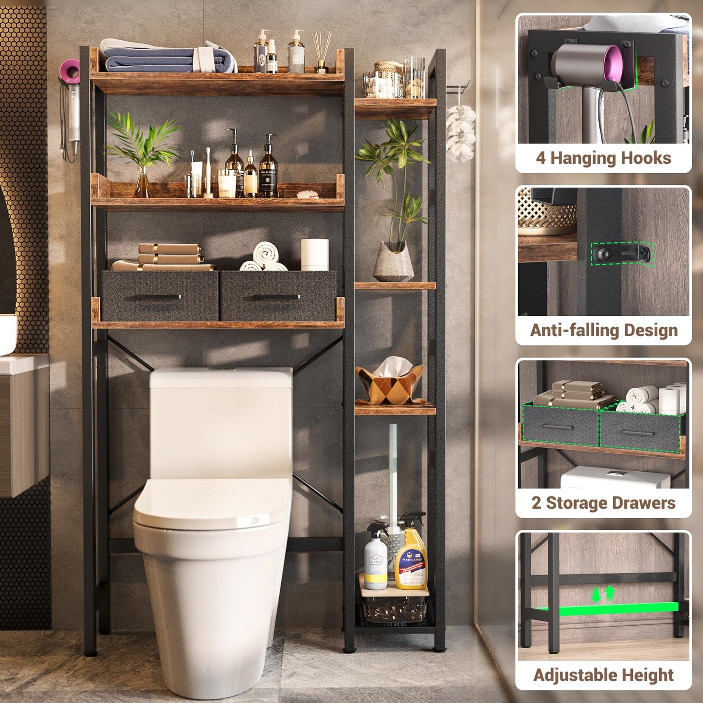 Over The Toilet Storage with 2 Drawers - 7 Tier Bathroom Organizer with Adjustable Shelf, Freestanding Space Saver Storage Rack Above Toilet Stand with 4 Hooks for, Restroom, Laundry, Rustic Brown