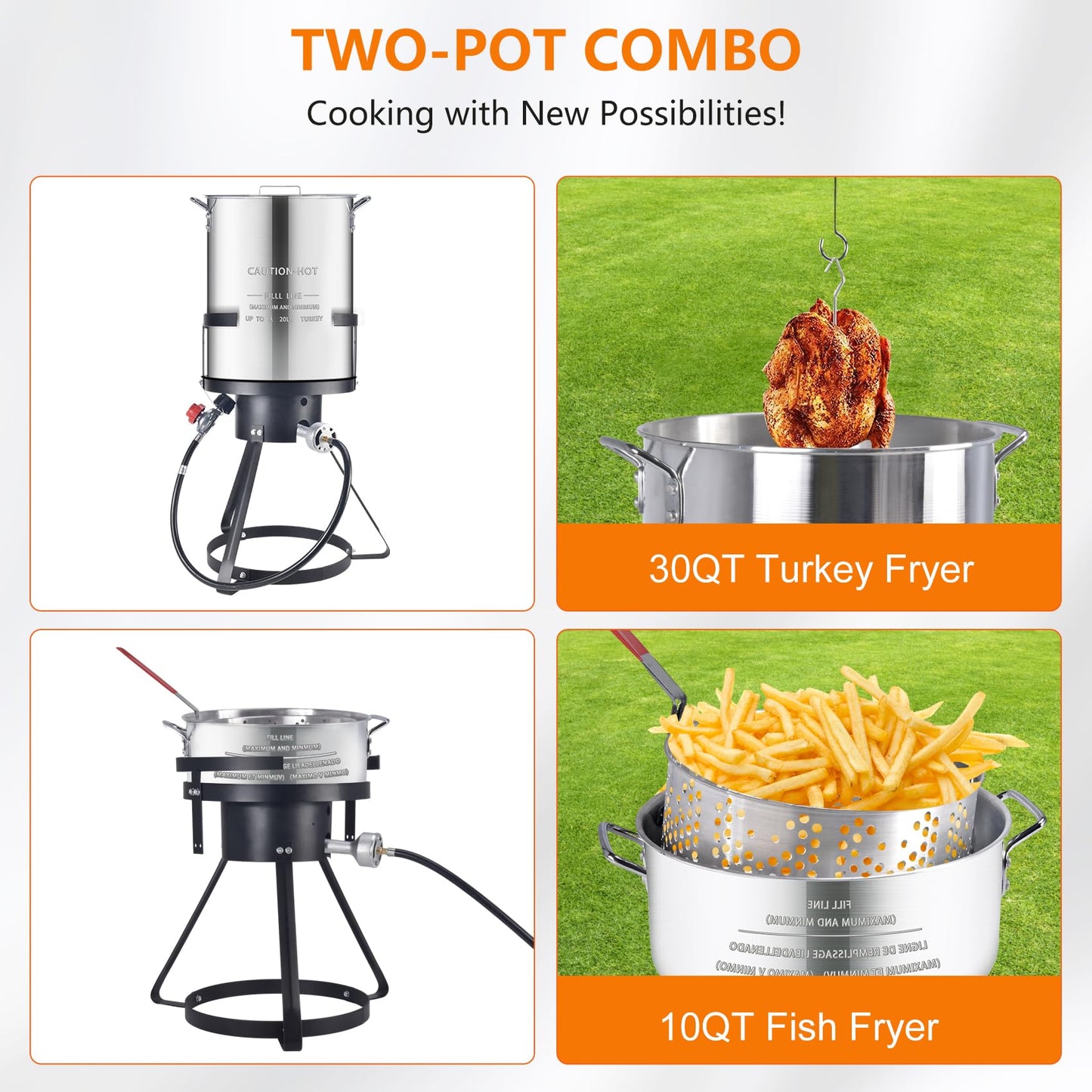 HOPERAN 30 Qt Turkey Deep Fryer and 10 Qt Fish Fryer Kit, 54, 000 BTU Propane Deep Fryer Seafood Boil Pot, Aluminum Turkey Fryer with Basket, Burner, Stand, Thermometer for Outdoor Cooking