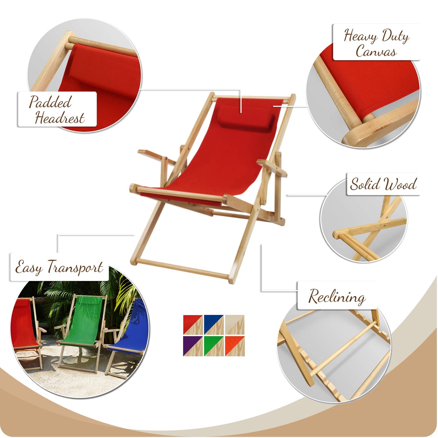 Casual Home Folding Fully-Assembled Adjustable Solid Wood Sling Patio Outdoor Chair, Natural Frame/Natural Canvs (New)