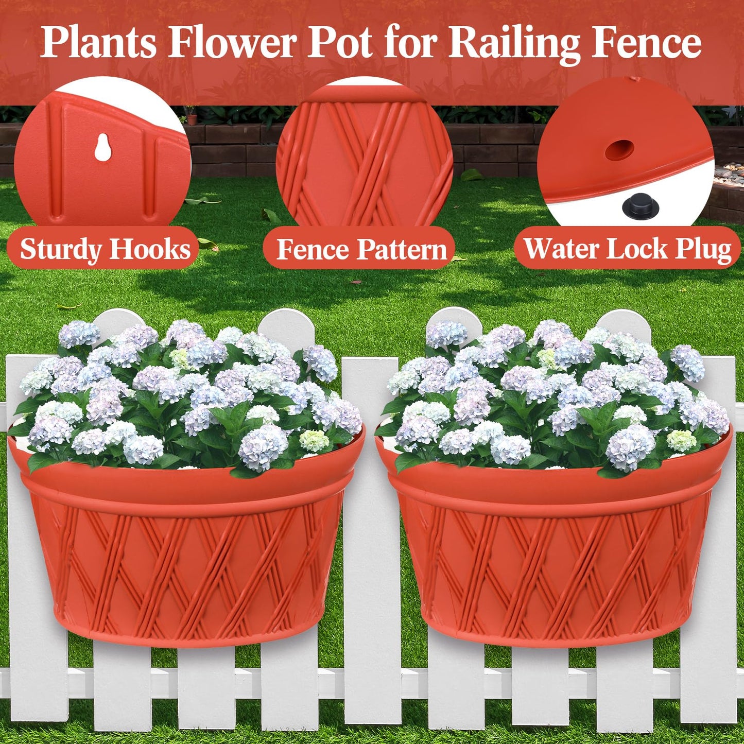 Yungyan 6 Pack Large Wall Hanging Planters 12 Inch Hanging Flower Pot for Railing Fence Plastic Plant Wall Hanging Basket for Indoor Outdoor Railing Balcony Decor Garden Yard (Brick Red)