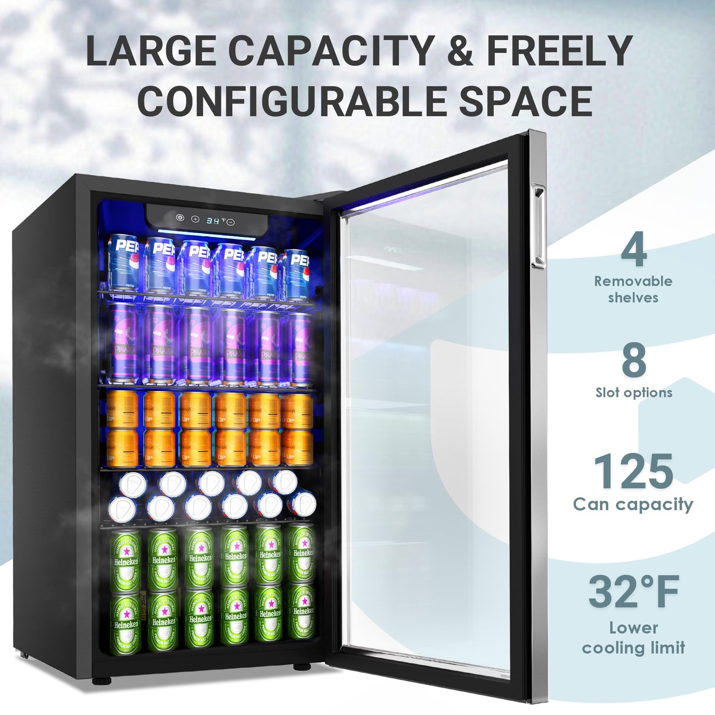 EUHOMY Beverage Refrigerator and Cooler, 126 Can Mini fridge with Glass Door, Small Refrigerator with Adjustable Shelves for Soda Beer or Wine, Perfect for Home/Bar/Office, Silver