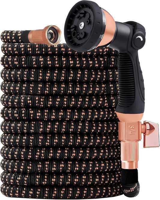 100ft Expandable Garden Hose - with 10-Function Nozzle - 650 PSI, 3/4" Lead-Free Solid Copper & Anodized Aluminum Fittings, Ultra-Lightweight & No-Kink