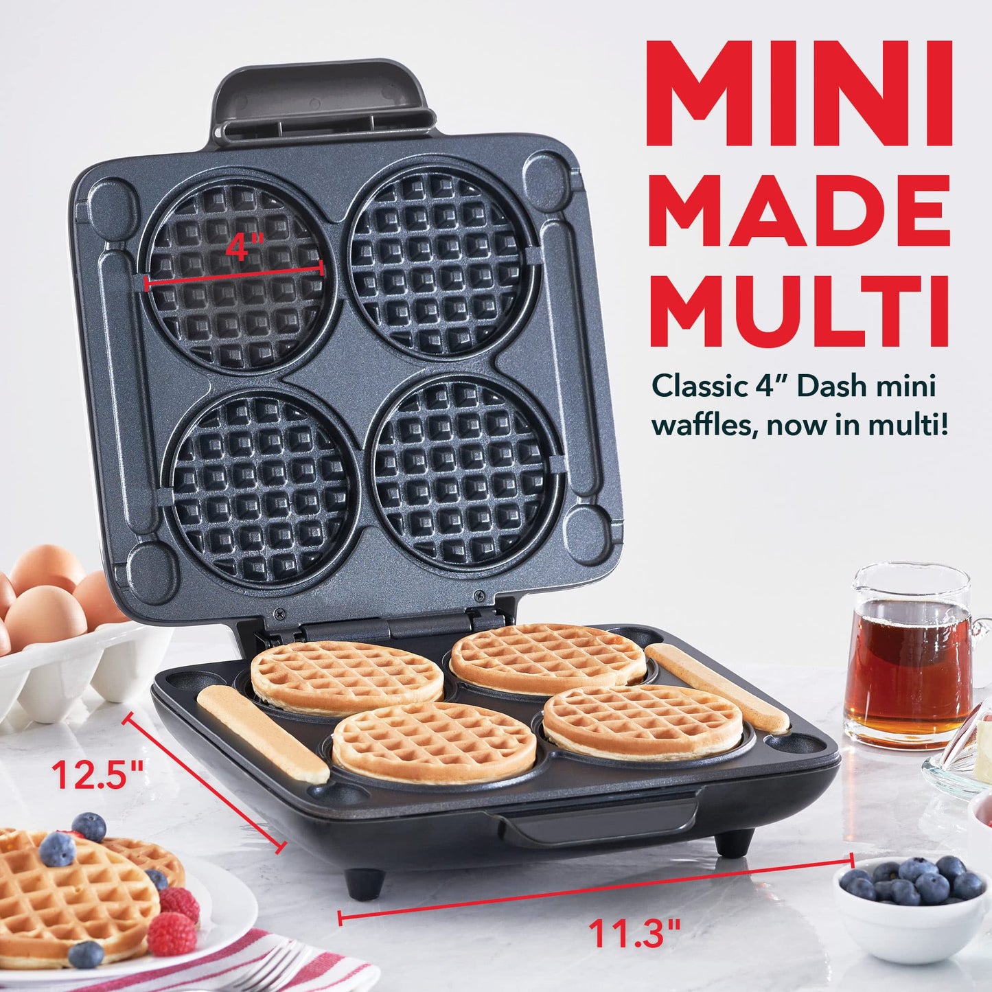 DASH Multi Mini Waffle Maker - Four 4” Waffle Molds, Nonstick Waffle Iron with Quick Heat-Up, PTFE Nonstick Surface - Perfect Mini Waffle Maker for Kids and Families, Just Add Batter