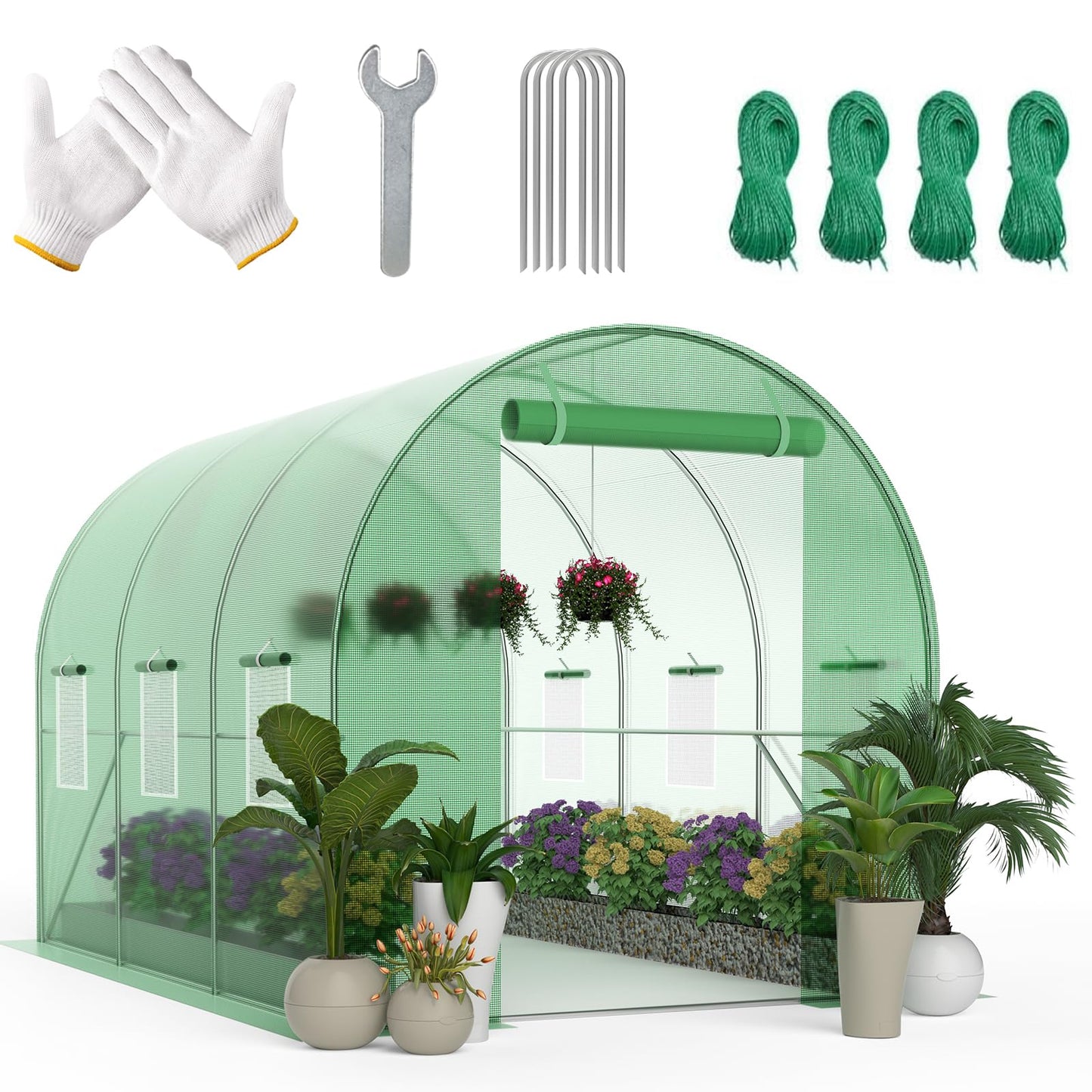 Walk-in Greenhouse 10 x 6.6 x 7FT Tunnel Greenhouse, Durable Outdoor Green House Plant Nursery with Durable Anti-Tear PE Cover, Convenient Zipper Doors, and Ventilating Mesh Windows (Green)