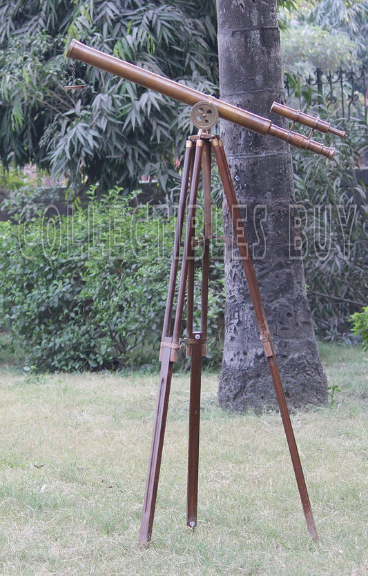 Antique Adjustable Tripod Nautical Style Decorative Double Barrel Tube Floor Standing Telescope Wooden Stand Vintage Telescope Home & Office Decor