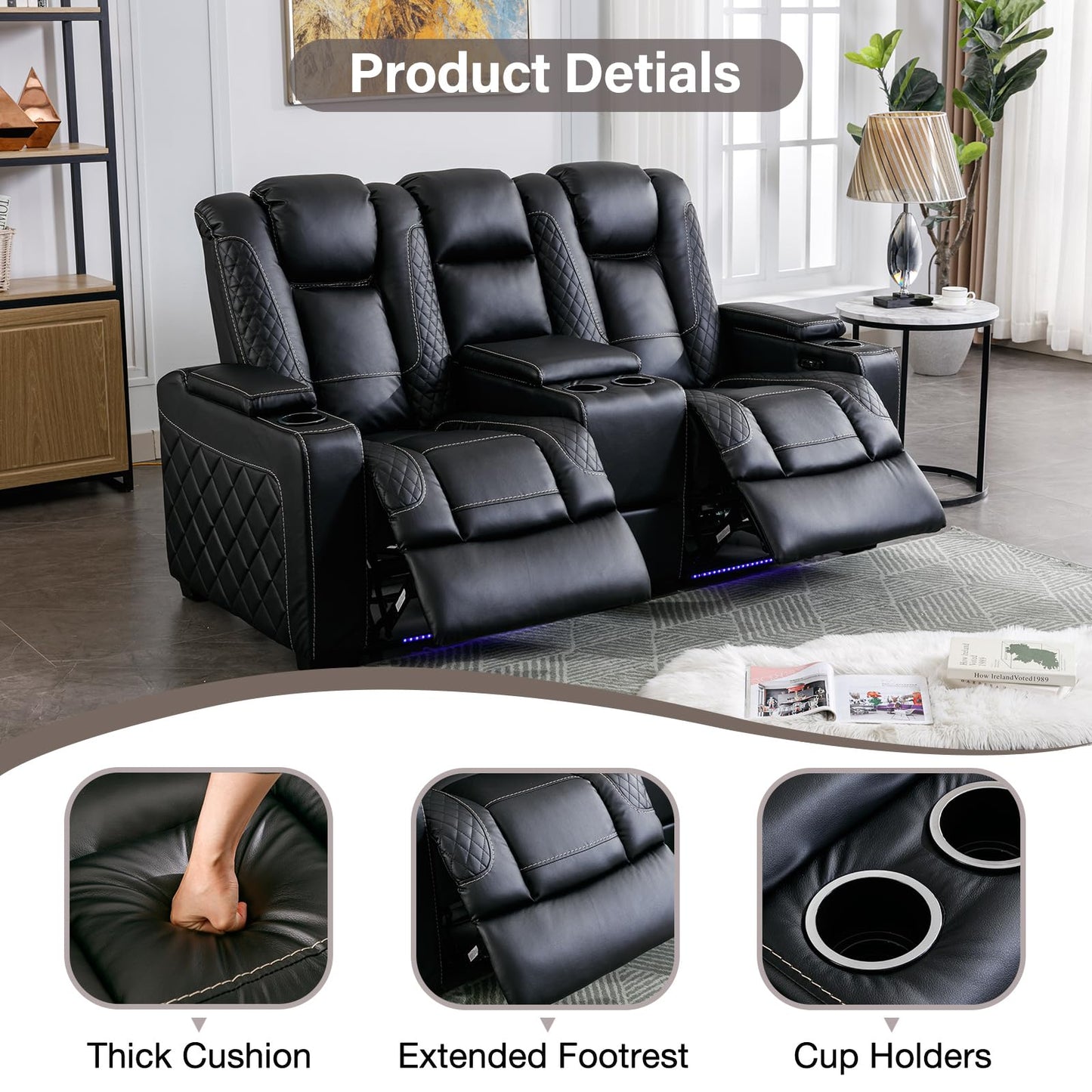 EBELLO Home Theater Seating with Ambient Lighting, Electric Power Loveseat Recliner with Adjustable Headrest, Faux Leather Dual Recliner with Hidden Arm Storage, USB Ports and Cup Holders, Black