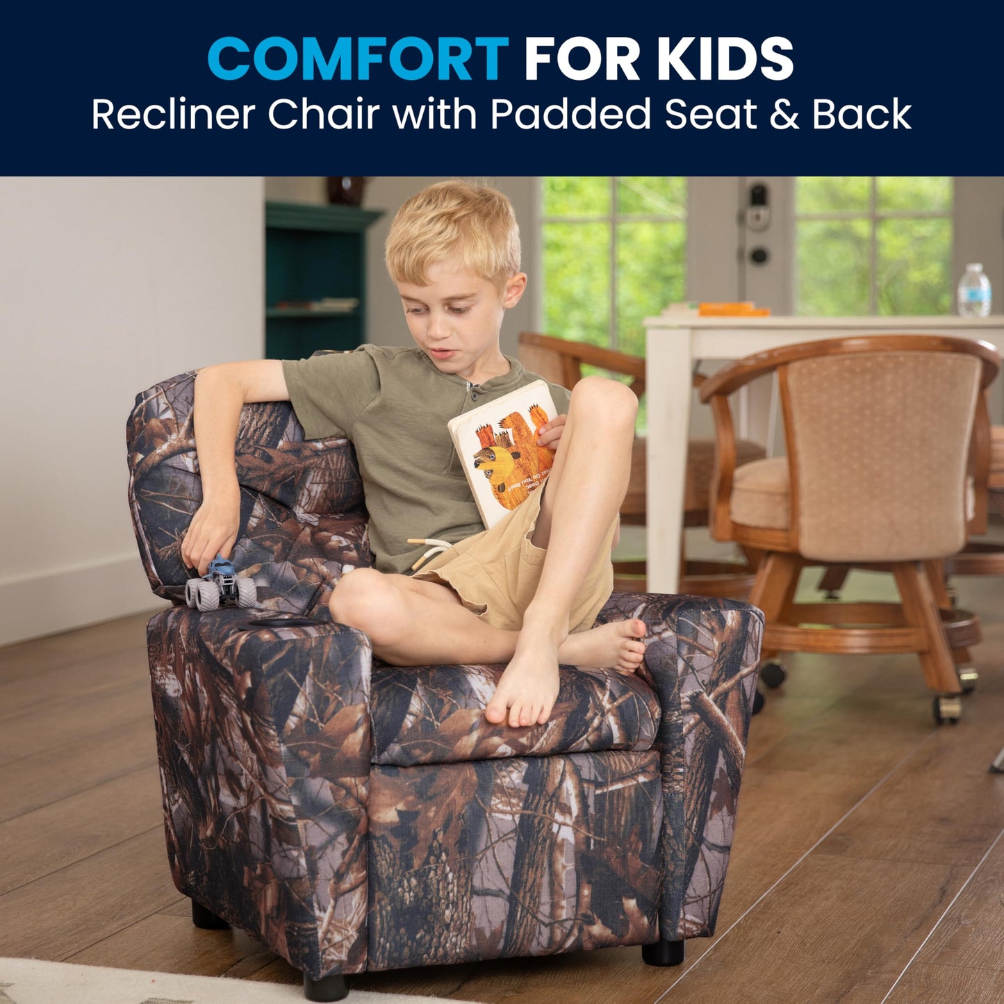 Flash Furniture Chandler Vinyl Kids Recliner with Cup Holder and Safety Recline, Contemporary Reclining Chair for Kids, Supports up to 90 lbs., Camouflage