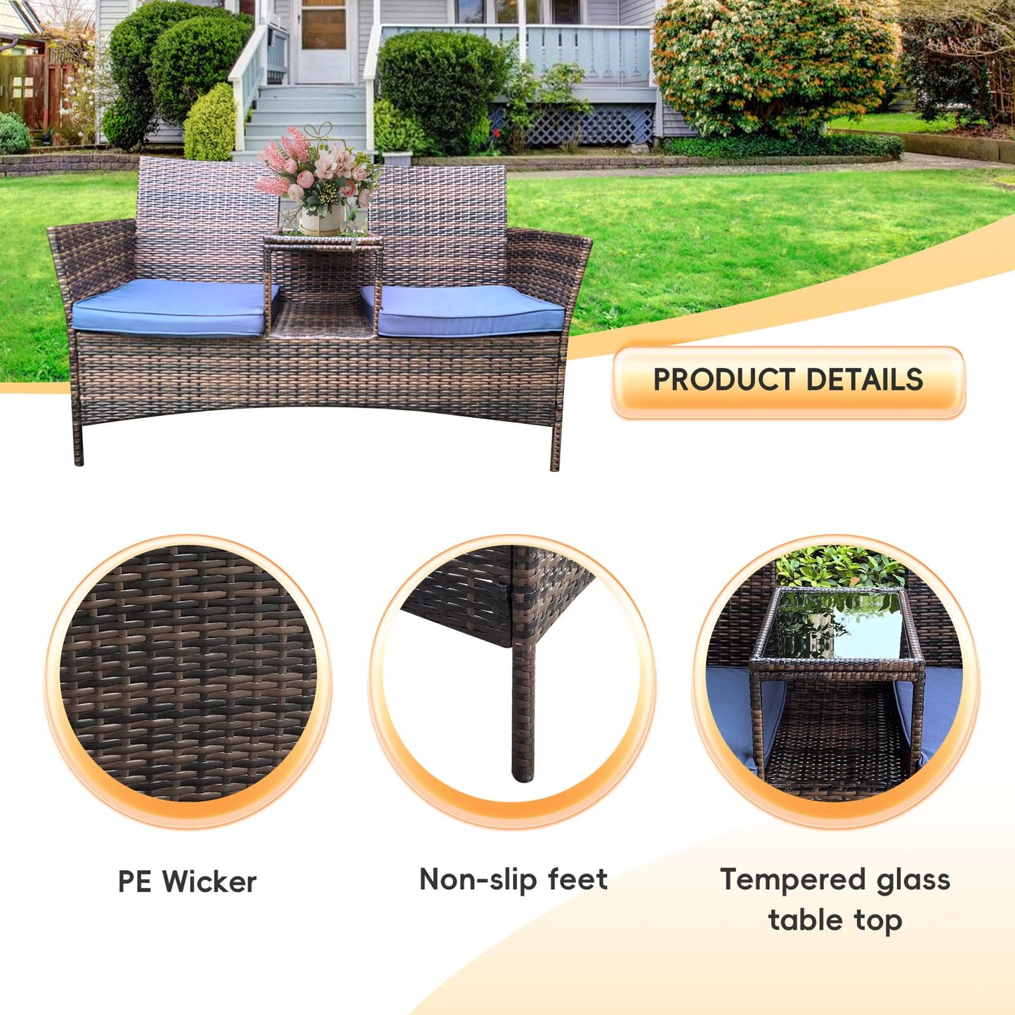 FurnillaScape Wicker Patio Loveseat Balcony Furniture 2-Seat Chair with Coffee Table All Weather Ourdoor Sofa Couch for Backyard, Lawn,Garden,Swimming Pool