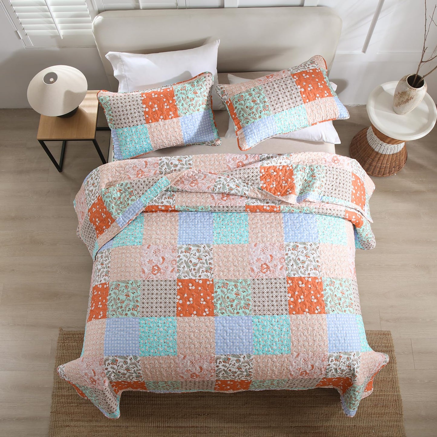 Queen Quilt Set Boho Orange Teal Patchwork Bedspread Floral Coverlet Reversible Spring Bed Quilt Set Soft Microfiber Bedding Farmhouse Garden Bed Sets for All Season