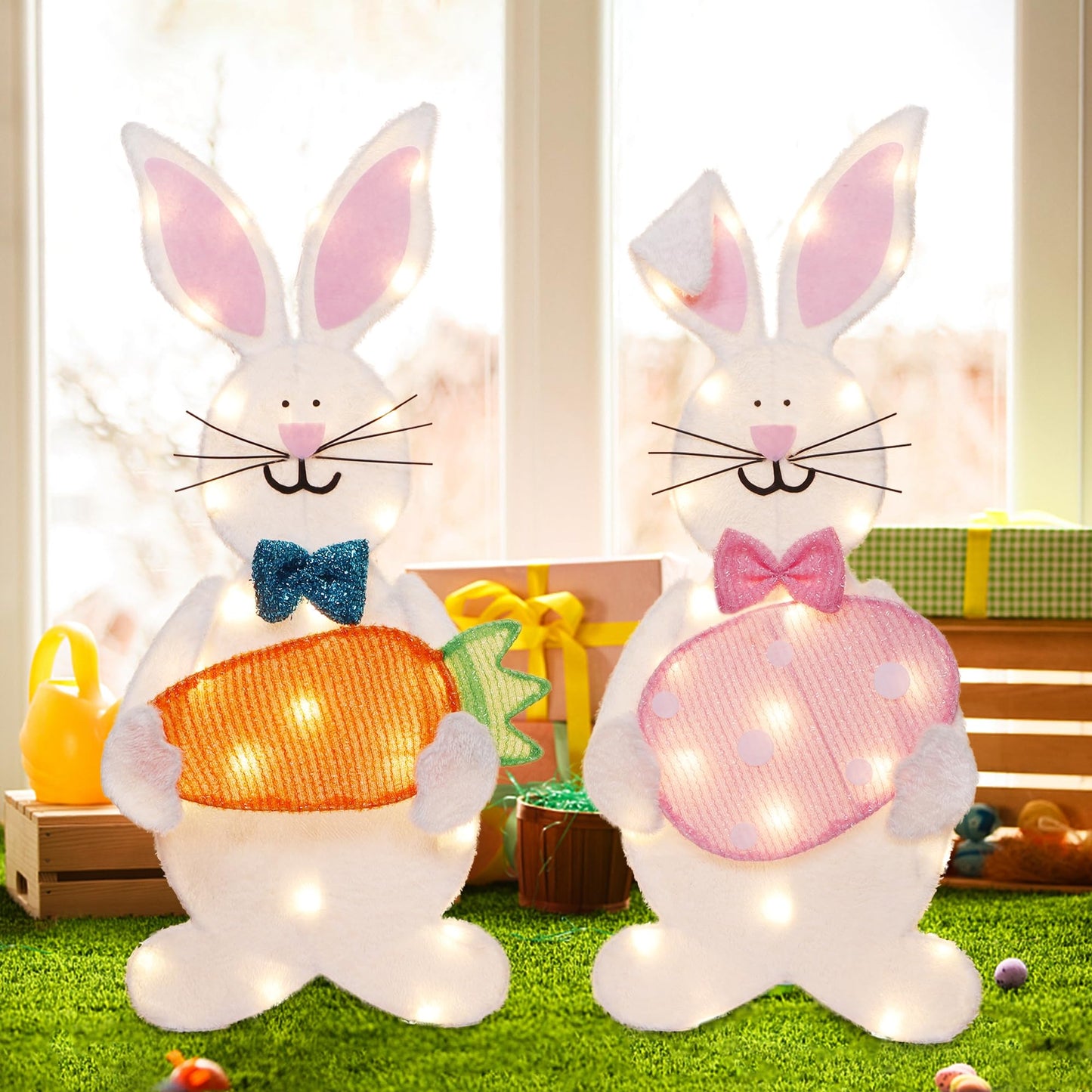 Sancodee Lighted Easter Bunny Decoration, Pre-lit 2D Plush Rabbit with Carrot and Egg, Easter Decor for Indoor Outdoor Home Yard Patio Lawn Garden