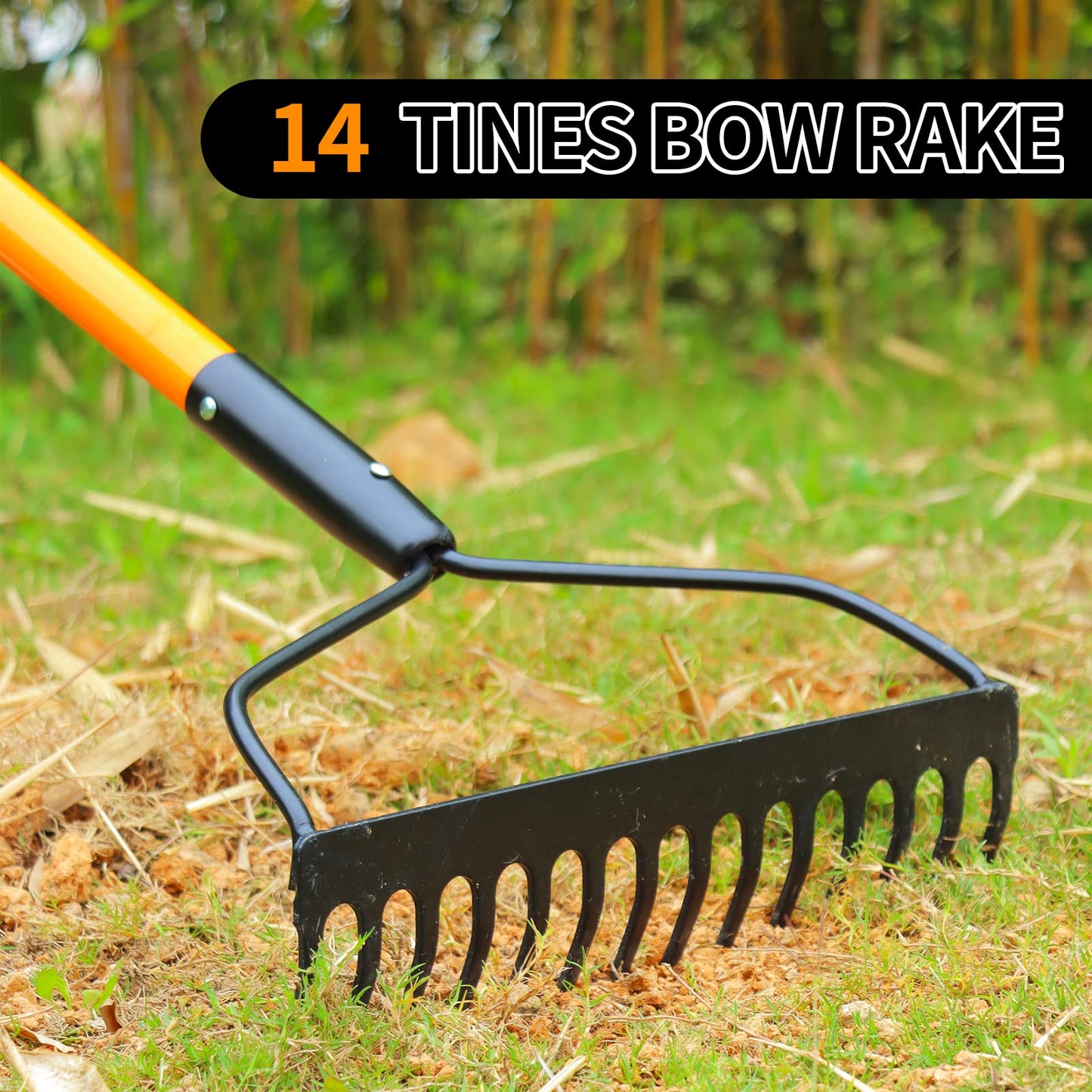 VNIMTI Garden Rake for Gardening, Heavy Duty Garden Rake for Lawns, 14 Tines Bow Rake with Fiberglass Handle, 58 Inches