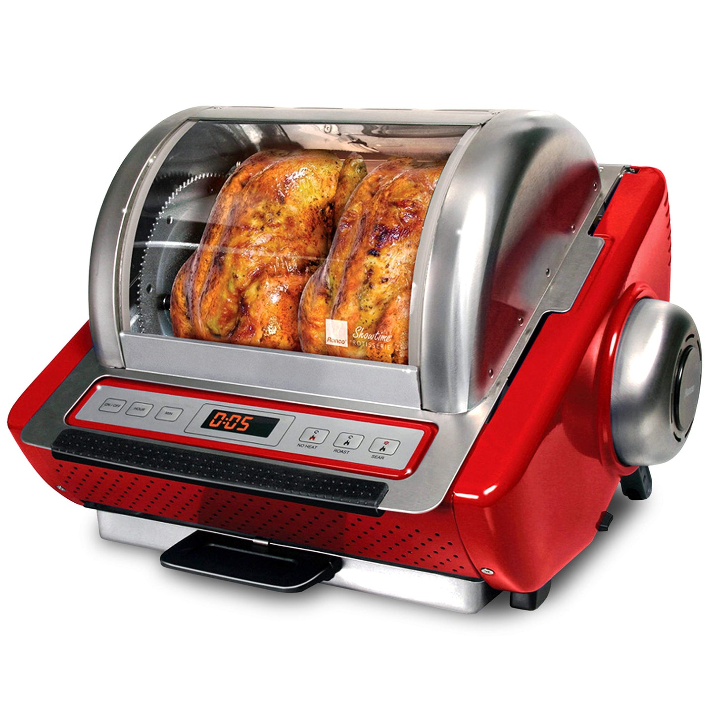 Ronco Showtime EZ-Store Large Capacity Rotisserie & BBQ Oven, Digital Controls, Compact Storage, Perfect Preset Rotation Speed, Self-Basting, Auto Shutoff, Includes Multipurpose Basket, red