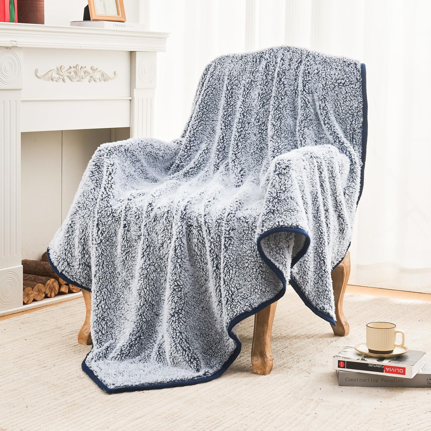 EMME Sherpa Blanket Twin Size Fleece Throw Blankets, 60"x80" Large Warm Blankets Soft Microfiber Cozy Blanket for Couch Sofa Bed 2 Tones Ombre Thick Reversible Blanket (Navy, 60"x80")