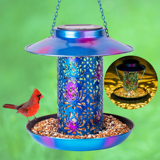 Ottsuls Solar Bird Feeder for Outdoors Hanging, Metal Wild Cardinals Garden Lantern with S Hook, Weatherproof and Water Resistant Birdfeeders as Gift Idea for Bird Lovers (Blue)