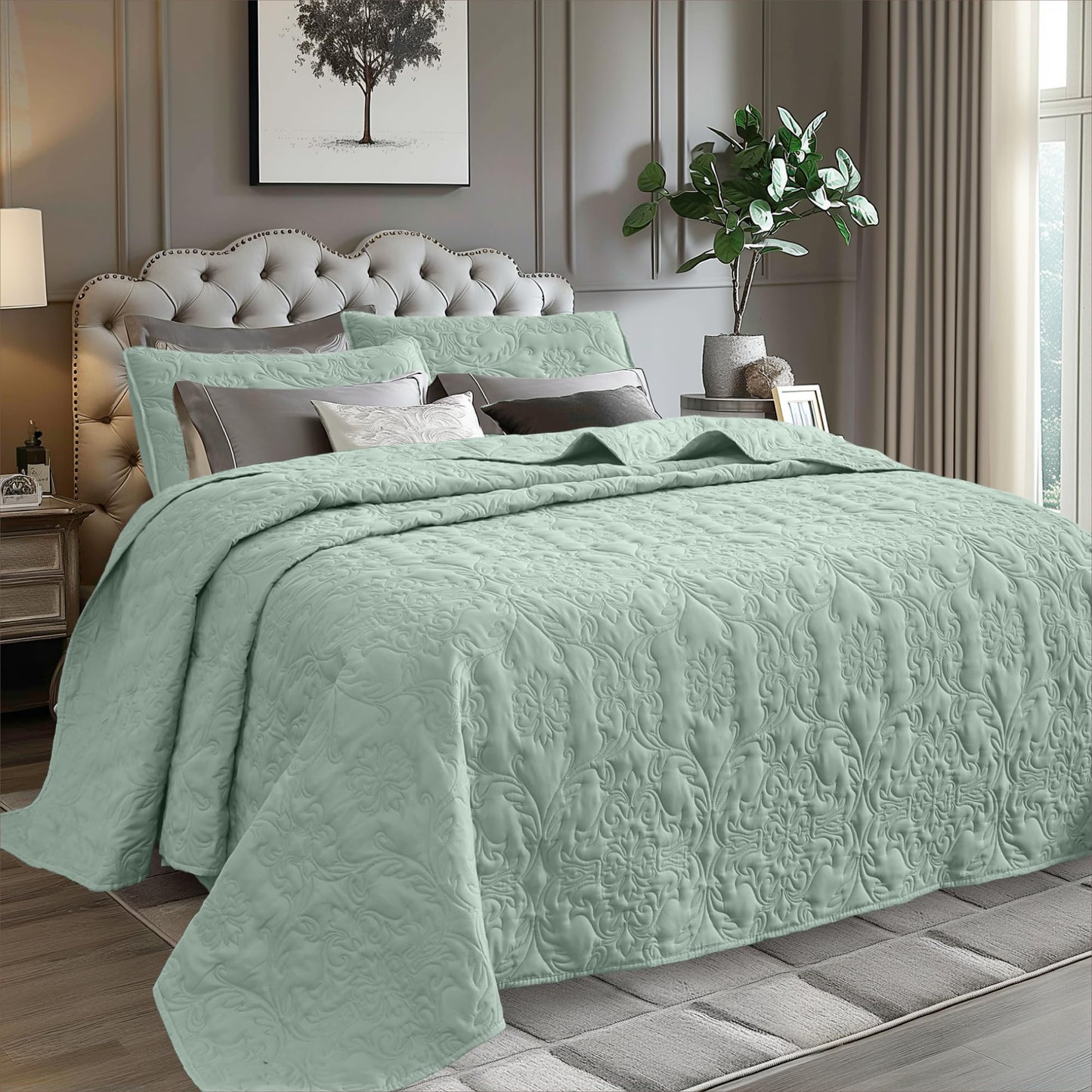 ALPHA HOME 2 Pieces Twin Size Quilt Set with 1 Quilt and 1 Pillow Sham, Lightweight Microfiber Quilt Bedspread for All Season, Reversible, Cozy, Sage Green