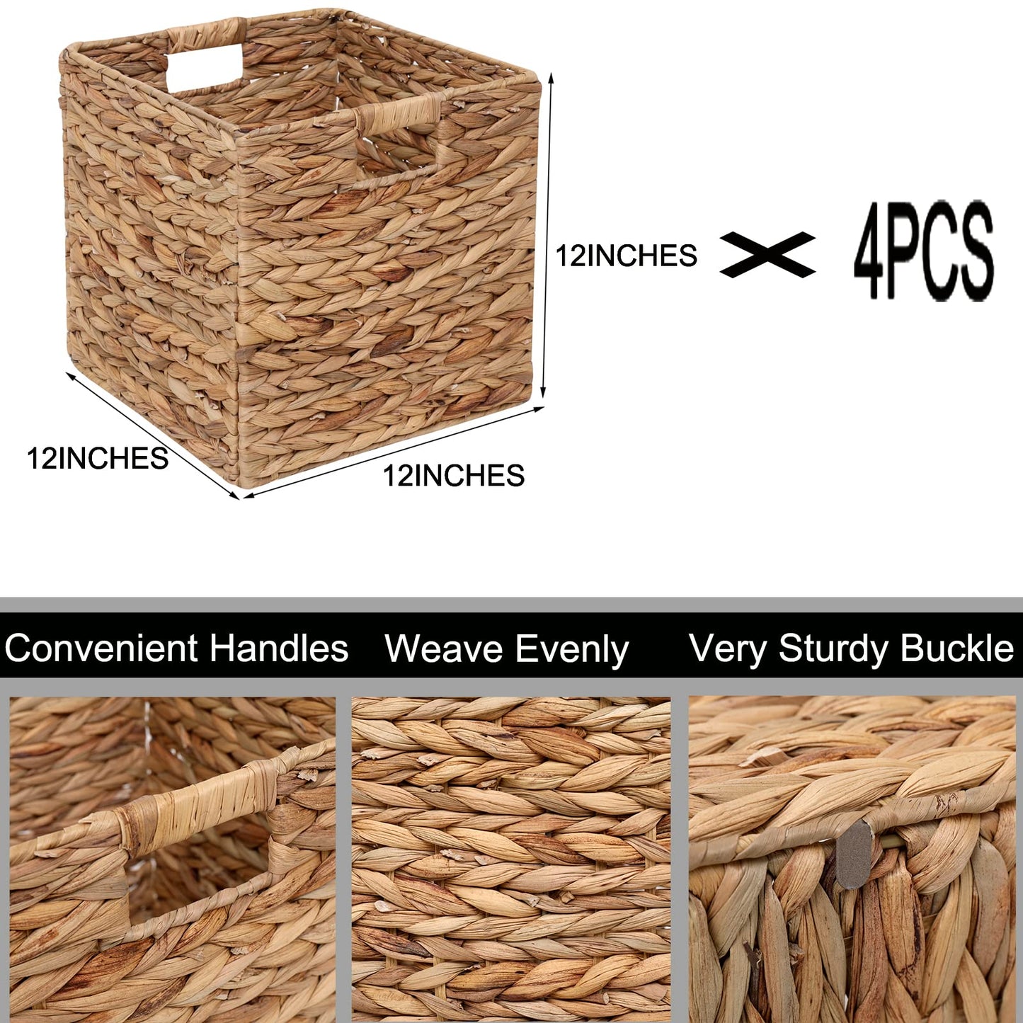 JCLD&YO9 Foldable Handwoven Water Hyacinth Storage Baskets Wicker Cube Baskets Rectangular Laundry Organizer Totes,Set of 4 Pcs,12x12x12inch