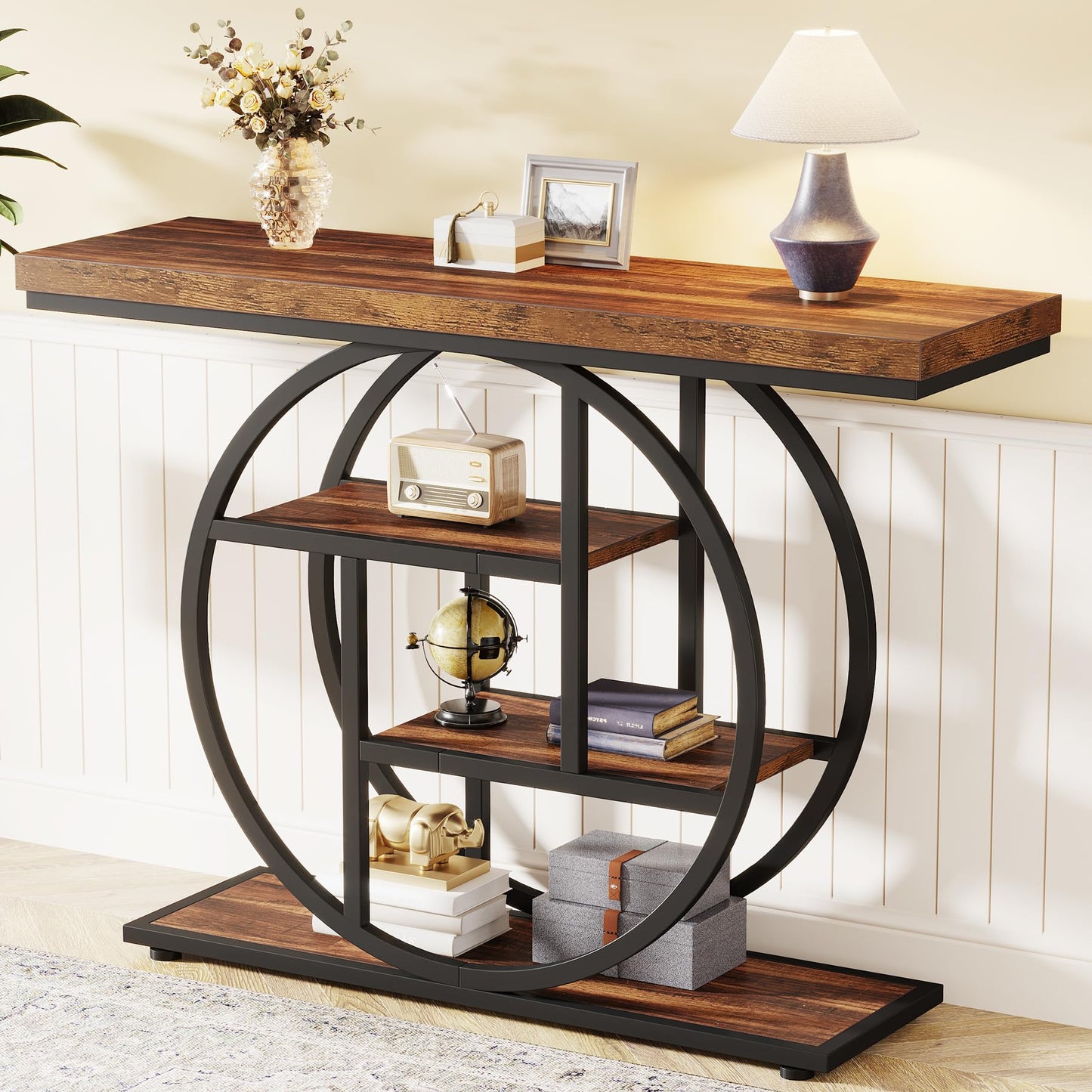 Tribesigns 41.3" Console Table, Industrial 4-Tier Sofa Table Entryway Table with Circle Base, Narrow Wood Accent Tables with Storage Shelves for Living Room, Hallway, Foyer, Rustic Brown