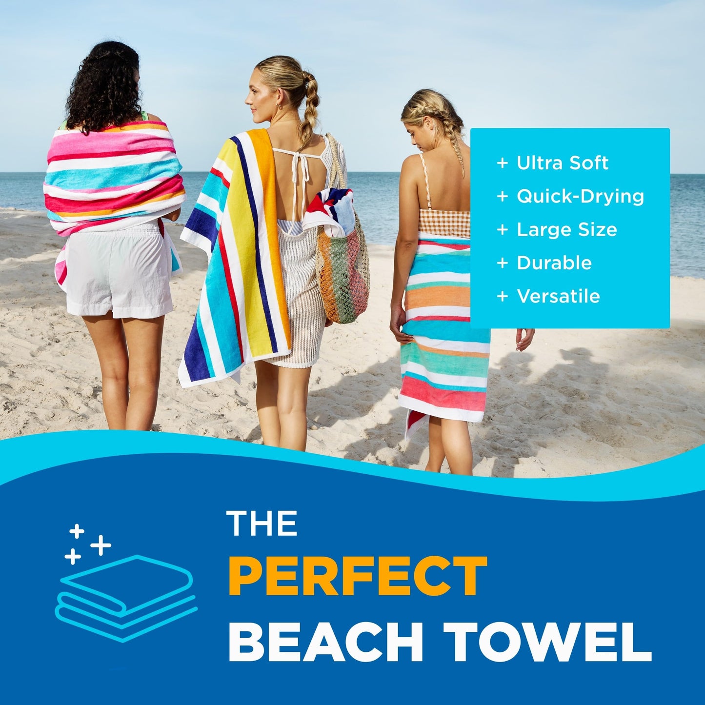 Kaufman - Joey Velour Colored Classic Multi-Color Stripe Beach & Pool Towel - Large 100% Combed Cotton Beach Towel - Soft & Absorbent Colorful Towels - 32" x 62" - 4 Pack