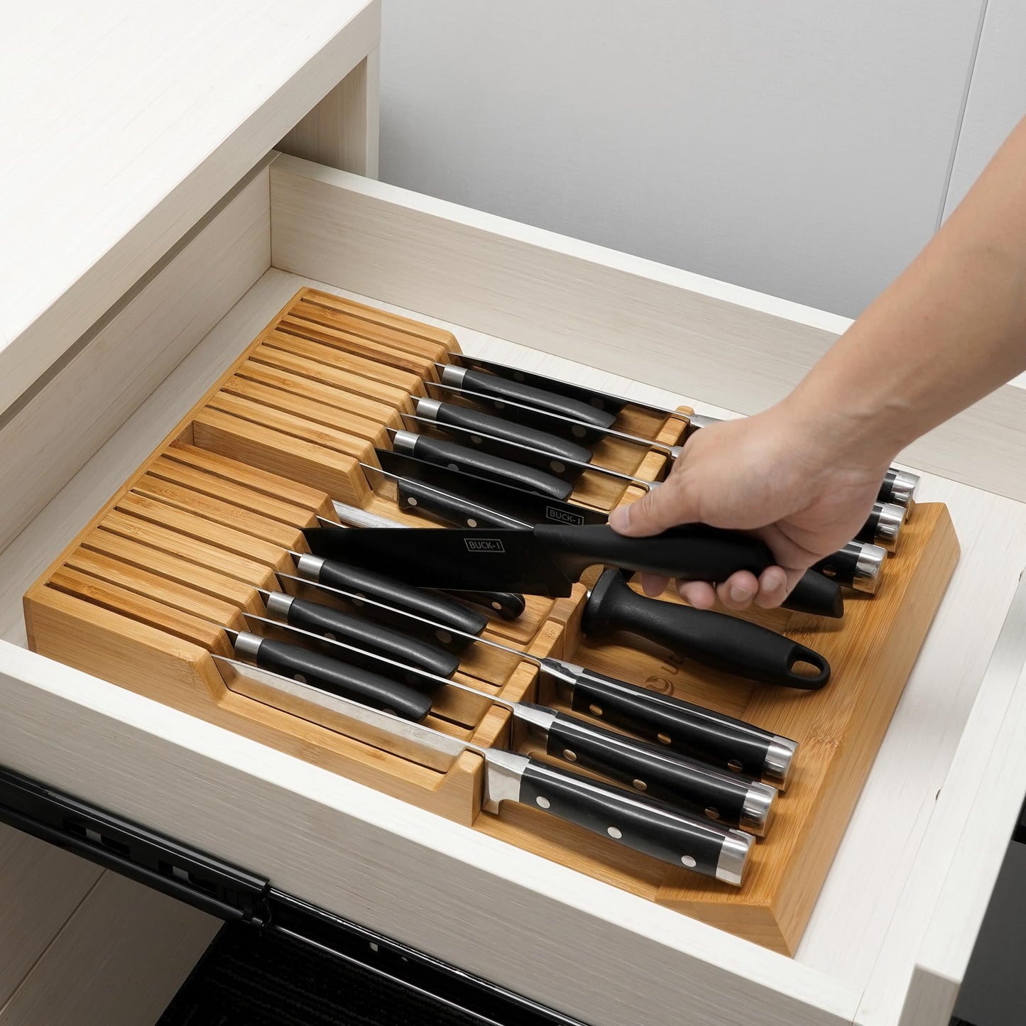 Utoplike In-drawer Knife Block Bamboo Kitchen Knife Drawer Organizer, Large handle Steak knife Holder without Knives, Fit for 16 knives and 1 Sharpening Steel (Not Included)