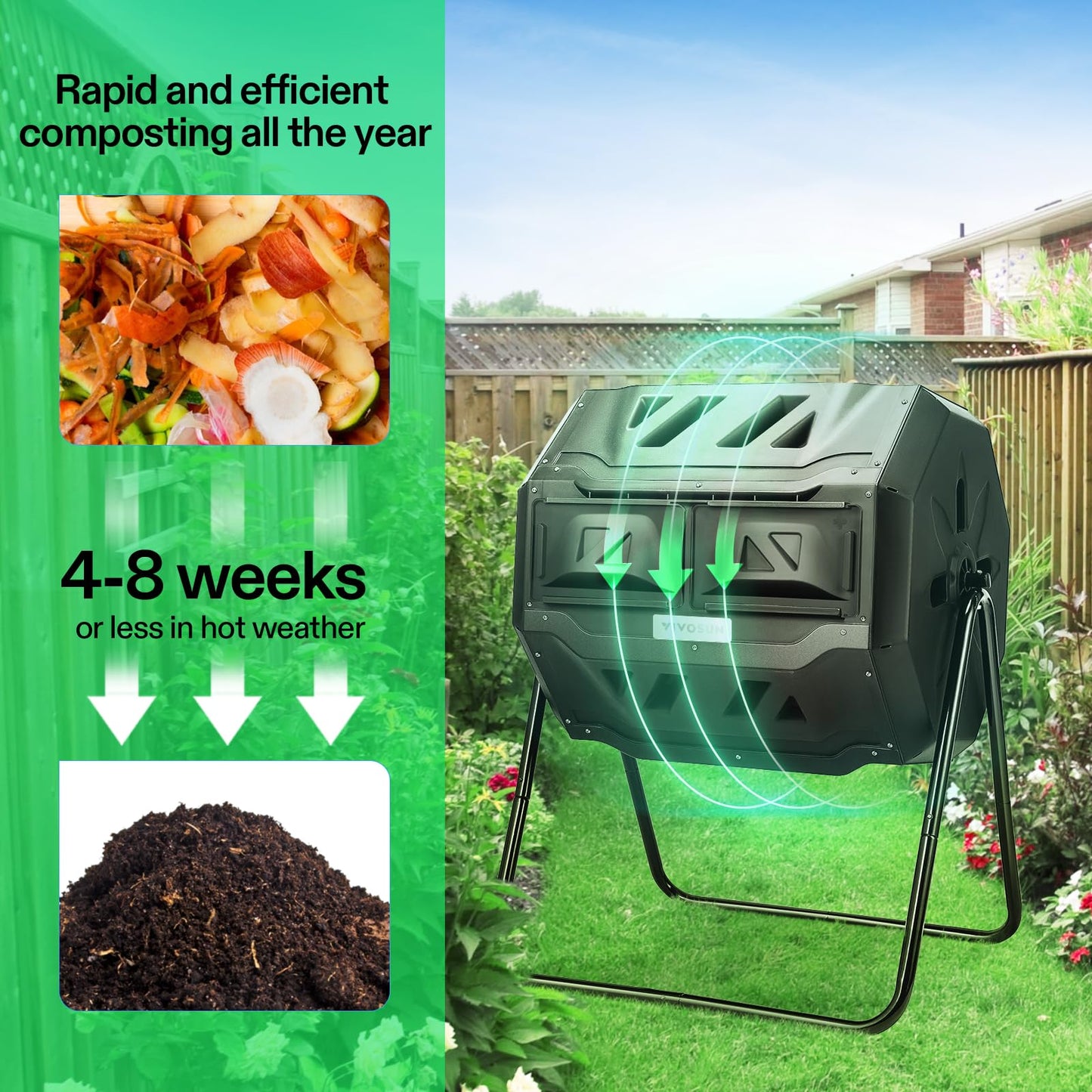 VIVOSUN Outdoor Tumbling Composter Dual Rotating Batch Compost Bin, 43 Gallon Black Door