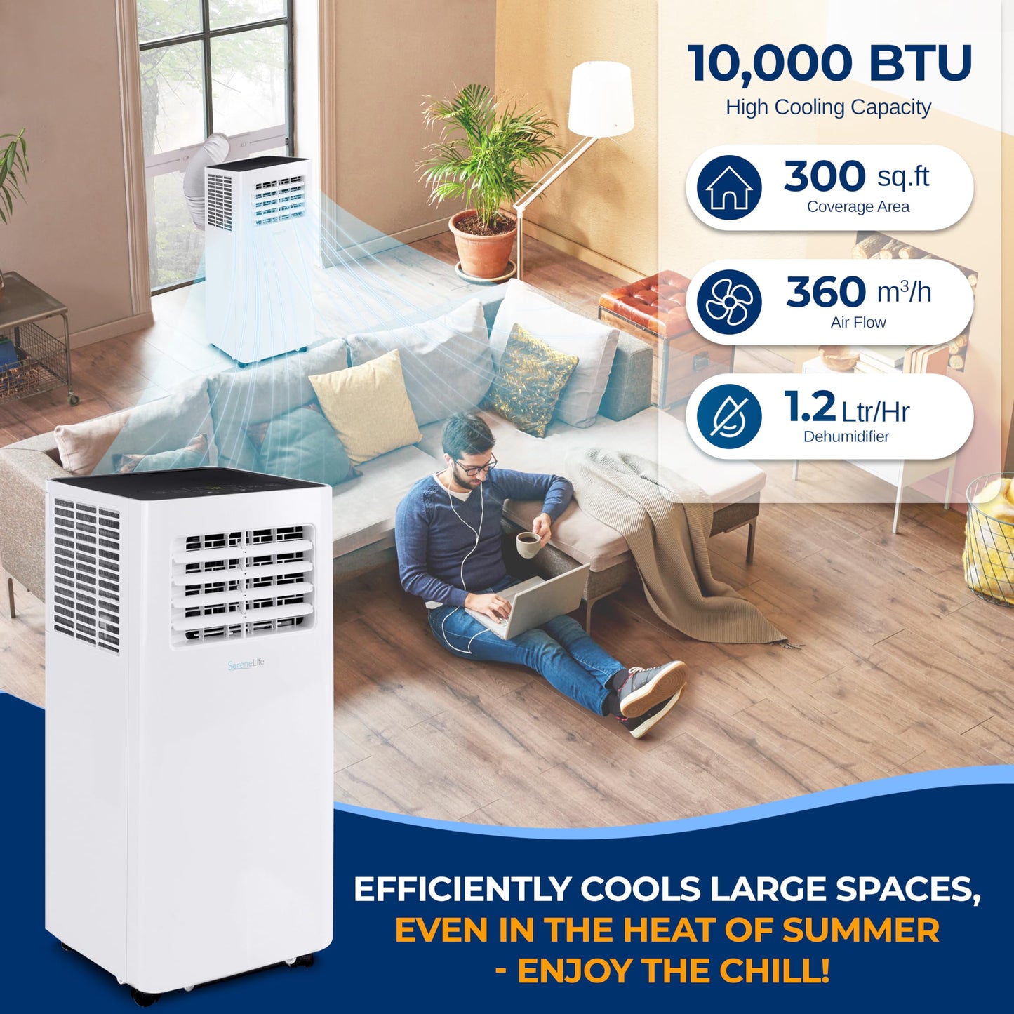 SereneLife Small Air Conditioner Portable 10,000 BTU with Built-in Dehumidifier - Portable AC unit for rooms up to 450 sq ft - WiFi app + Remote Control, Window Mount Exhaust Kit