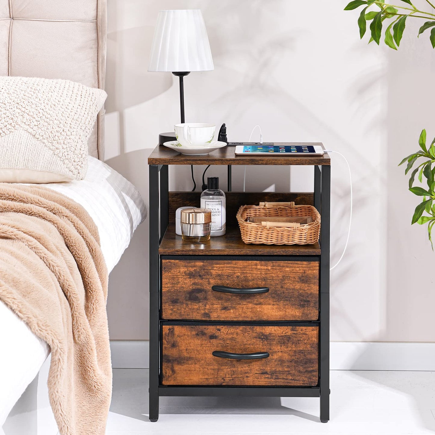 Yoobure Nightstand with Charging Station, Small Night Stand with Fabric Drawers and Storage Shelf for Bedrooms, Small Spaces, Bedside Table with USB Ports & Outlets