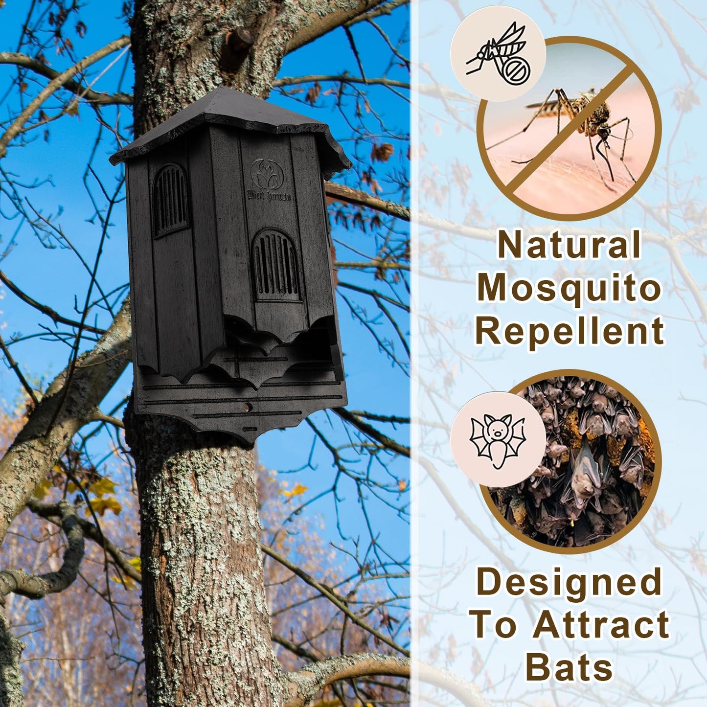 VIREESR Wooden Castle Bat Houses for Outside Bat Box for Outdoors - Large Three Chamber Box Perfectly Designed to Attract Bats - Durable and Easy to Hang(Bat House Ⅰ Black)