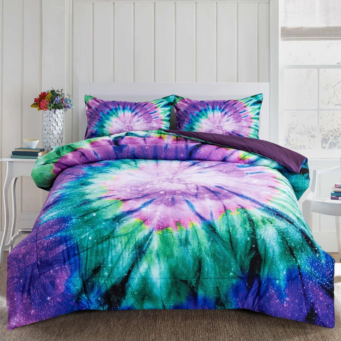 A Nice Night Bedding Tie Dye Galaxy Comforter Set, Psychedelic Swirl Pattern Colorful Boho, for Boys Girls Bedding Sets Purple, Twin