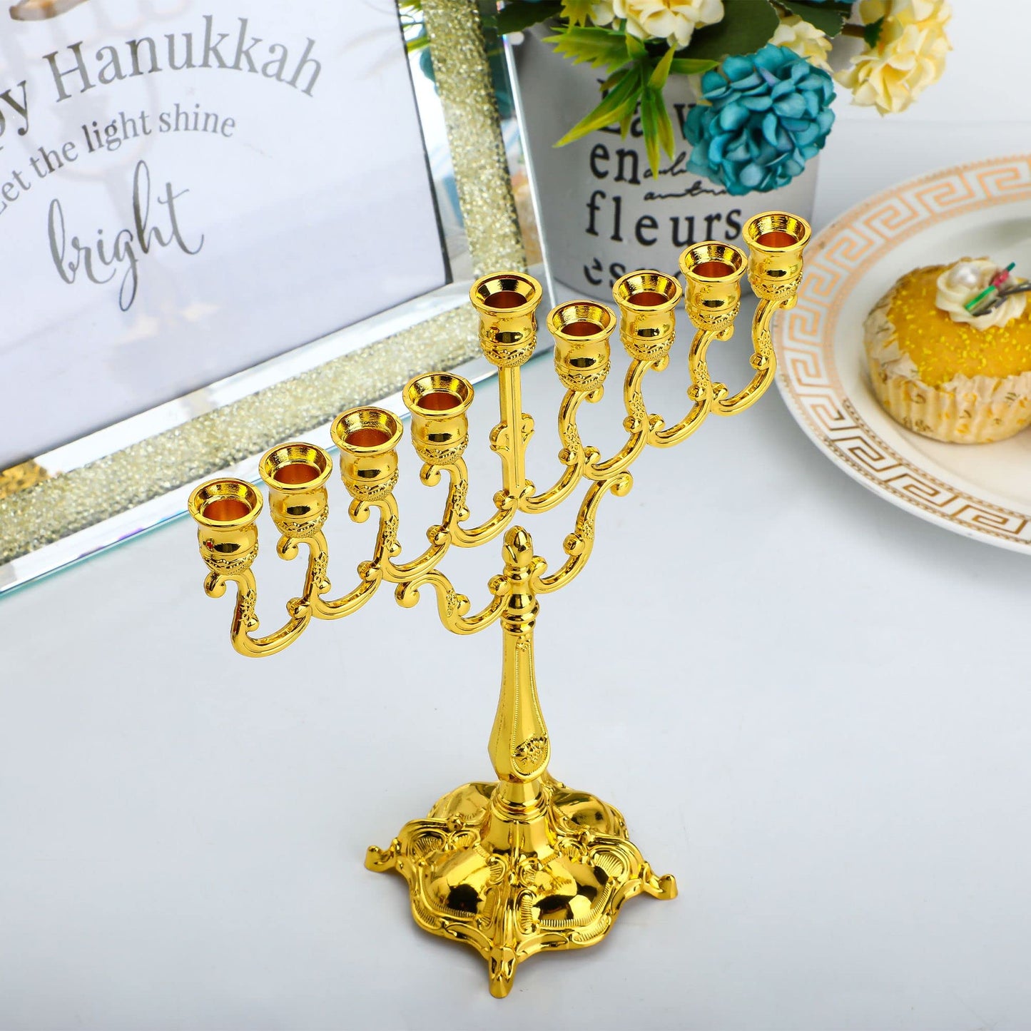 Hanukkah Menorah Ornament 9 Branch Gold Plated Jewish Candle Holder Candle Stand Candlestick