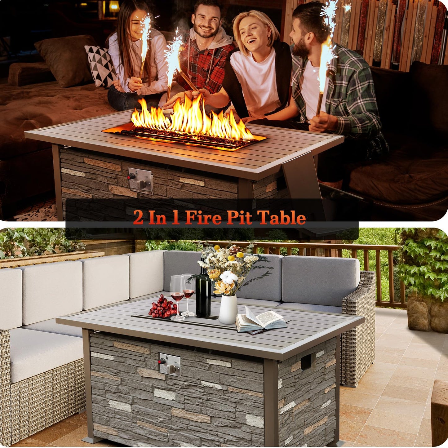 NOBLEMOOD 48 INCH Propane Fire Pit Outdoor Fire Table w/Faux Ledgestone Base, 50,000 BTU Gas Fire Pit Table w/Aluminum Table Top, Waterproof Cover for Outdoor, Patio, Garden, CSA Certification