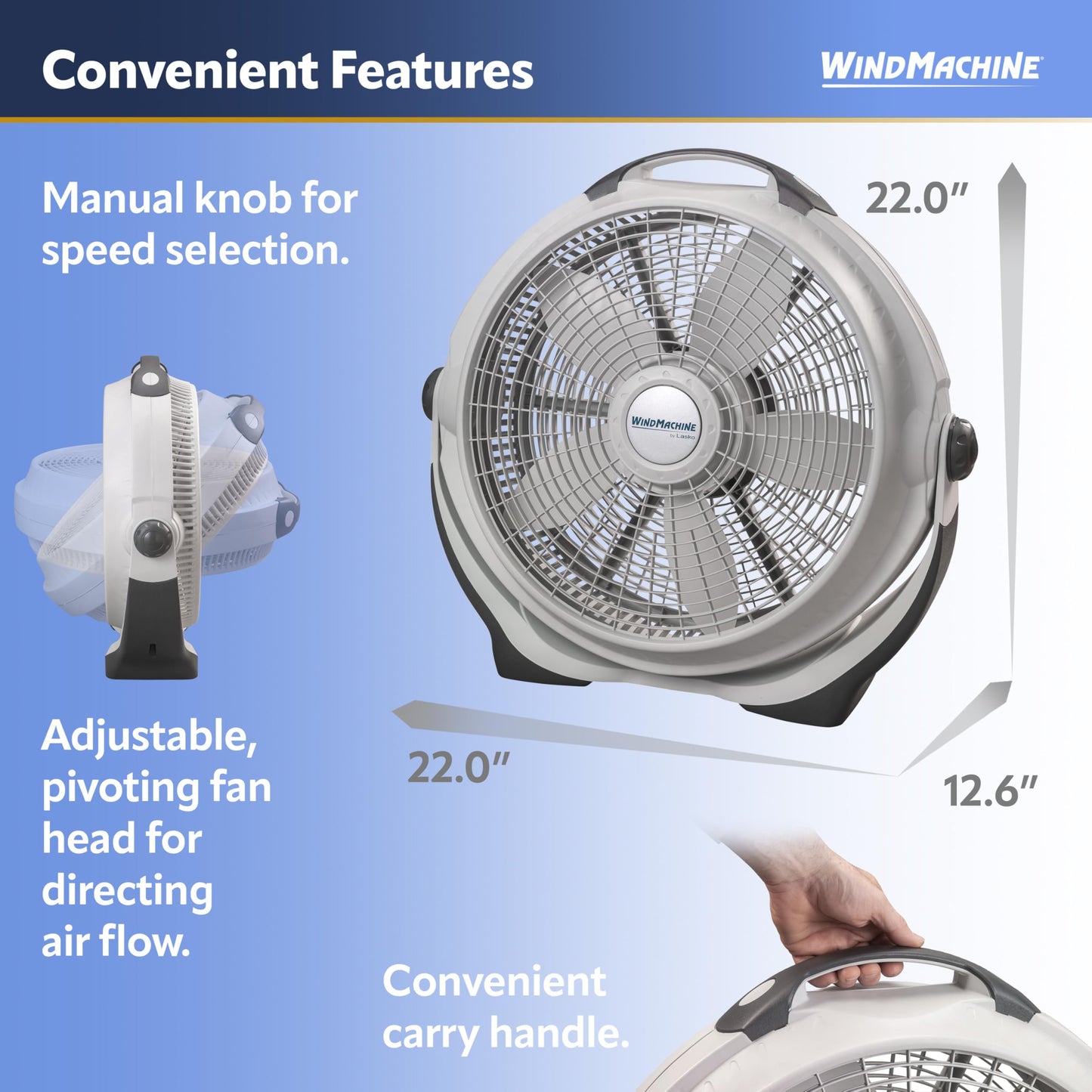 Lasko Wind Machine Air Circulator Floor Fan, 3 Speeds, Pivoting Head for Large Spaces, 20", 3300, White