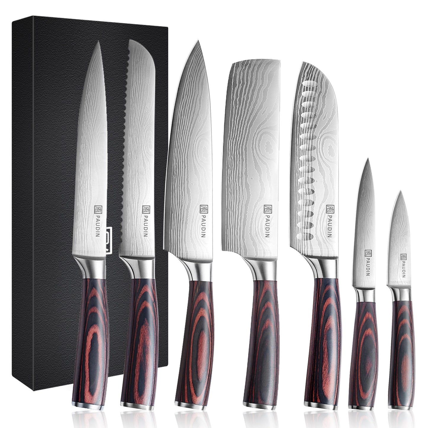 PAUDIN Chef Knife Set, 7 Pieces Kitchen Knife Set, High Carbon Stainless Steel, Ultra Sharp Knife Set, Professional Knives Set for Kitchen with Pakkawood Handle