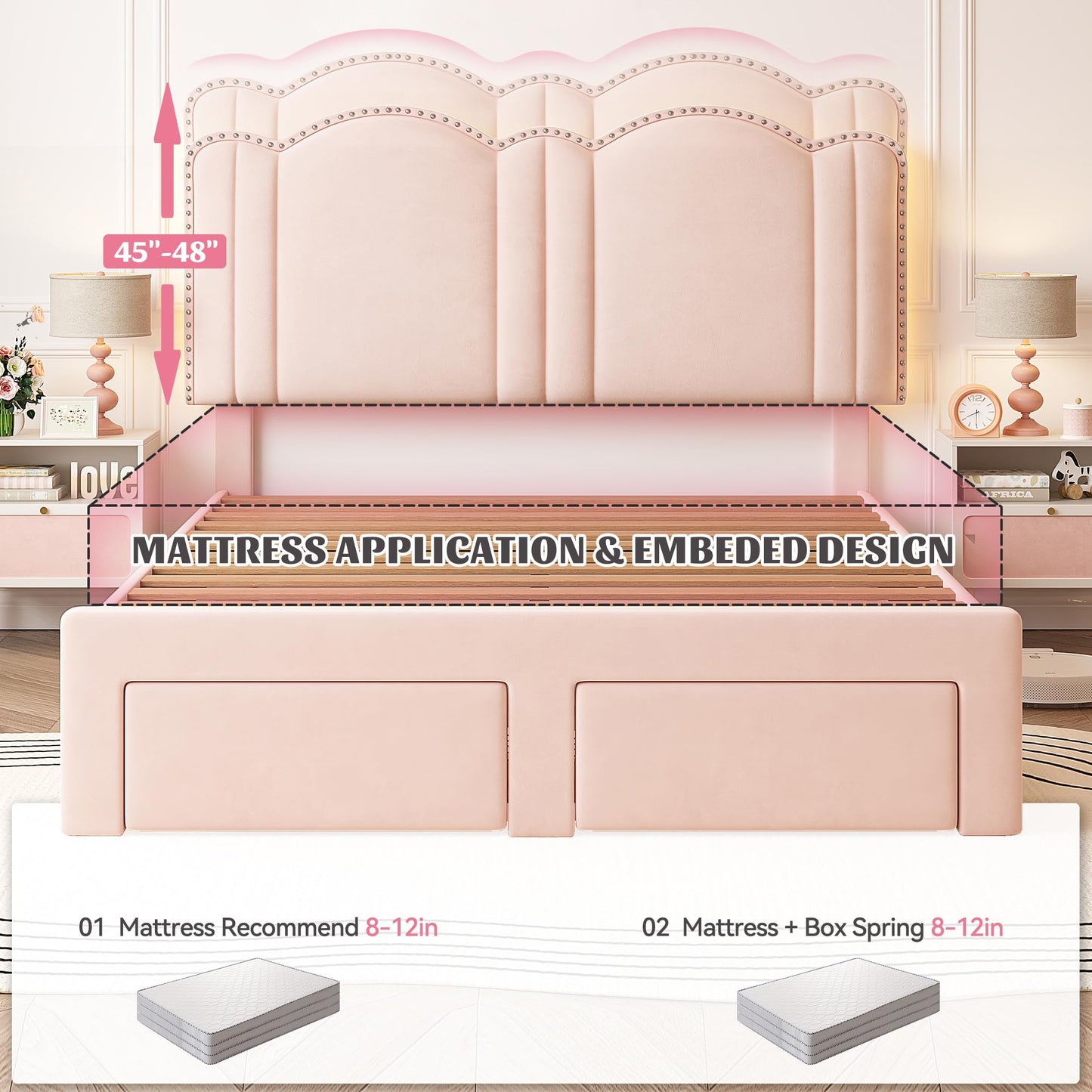 EnHomee Full LED Bed Frame with Storage Drawers,Upholstered Bed Frame with Adjustable Headboard, Princess Platform Bed Frame,Strong Solid Wooden Slats, No Box Spring Required, Easy Assembly, Pink