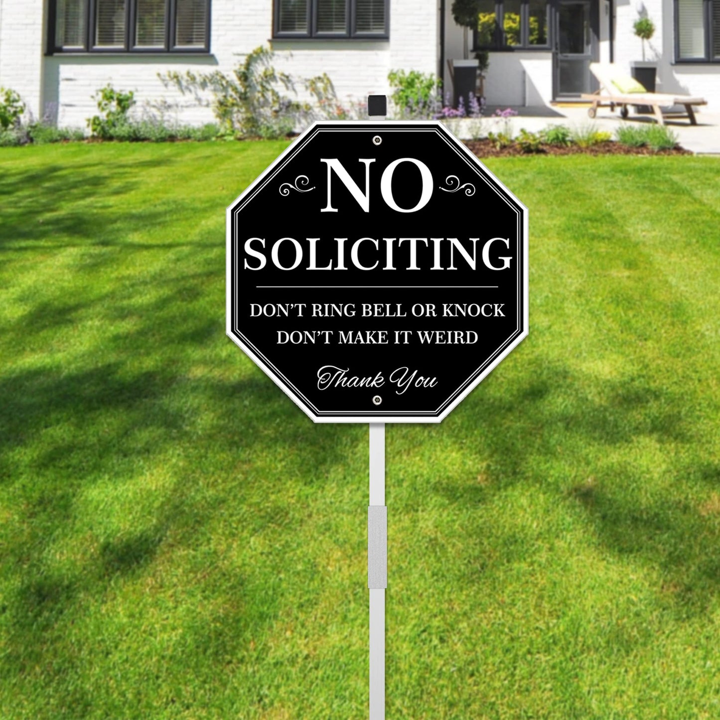 Uflashmi No Soliciting Yard Sign, No Soliciting Sign for House Yard with Stake, 10” x 28”, Metal black and white