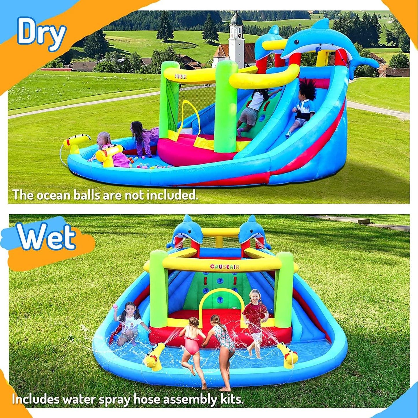 Causeair Inflatable Water Slide with Bounce House,Dolphin Styling,Splashing Pool,Double Water Cannon,Climbing Wall,Heavy Duty GFCI Blower,Inflatable Water Park for Kids Backyard Summer