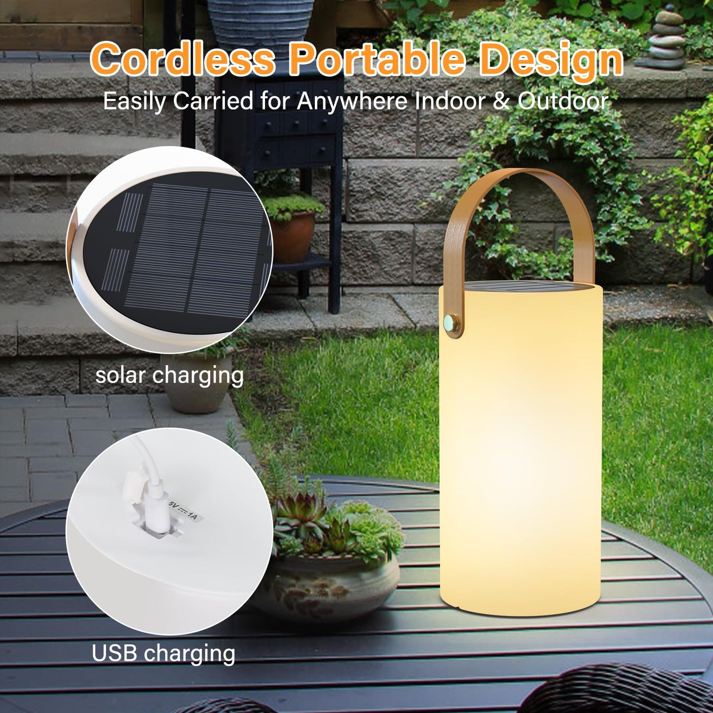 Outdoor Table Lamp for 1500mAh Table Lamp with Solar Table Lamp IP44 Waterproof DC-USB Rechargeable, 3 Levels Warm White+ RGB Colors, Remote Control, Portable Light for Camping Garden Yard